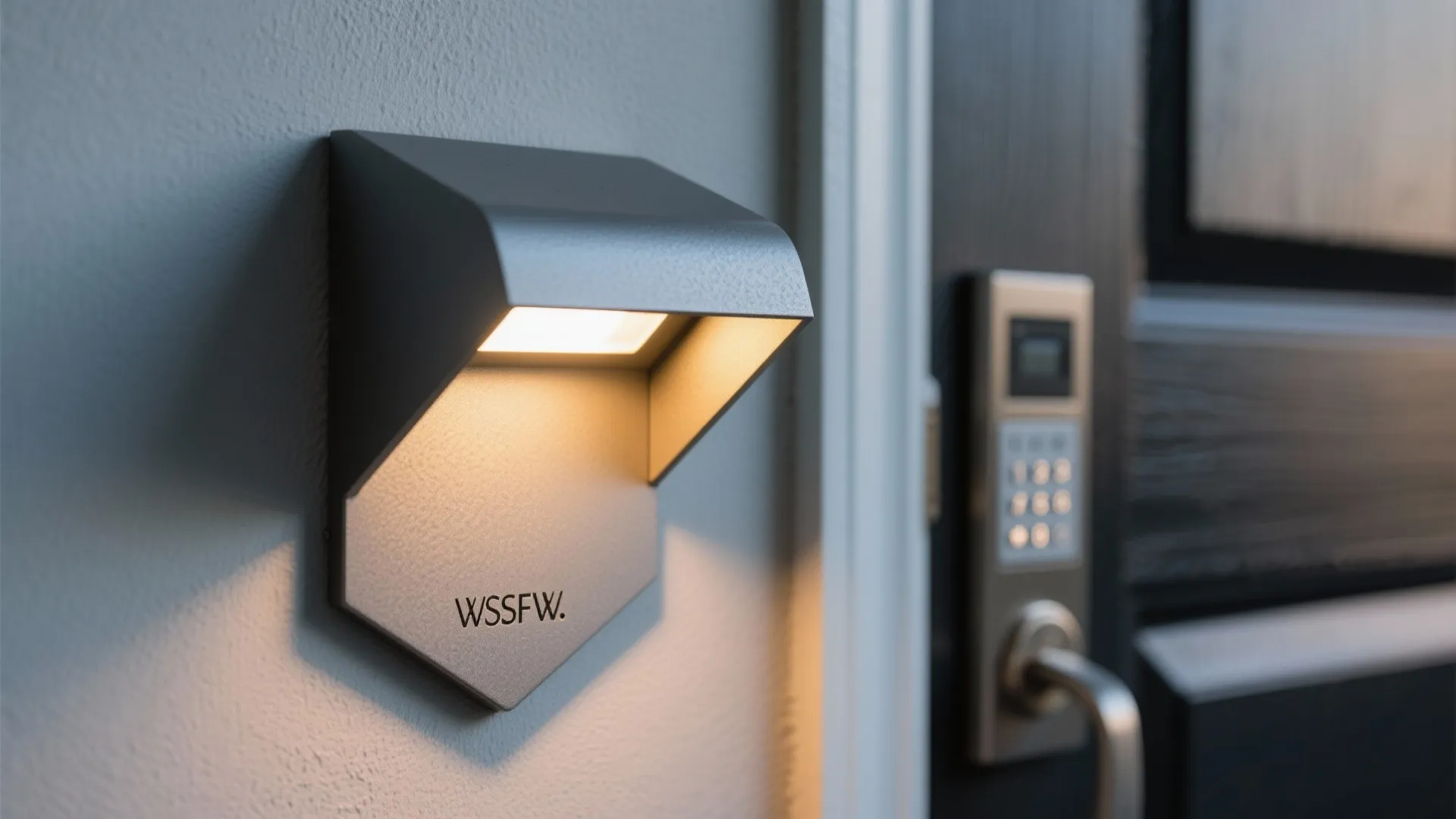 Close up of a modern grey wall light mounted on a wall near a door