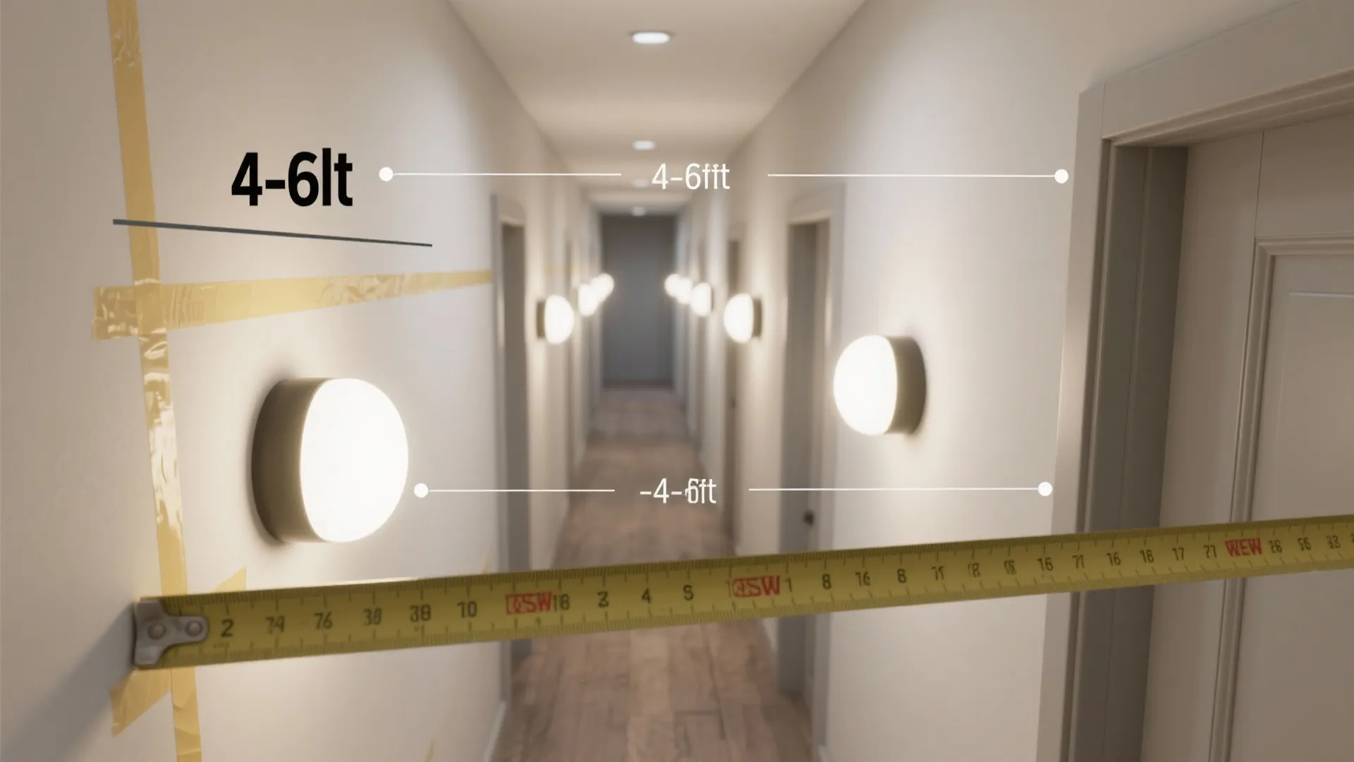 Top-down mock-up showing spacing and tape layout for recessed circular sconces in a hallway