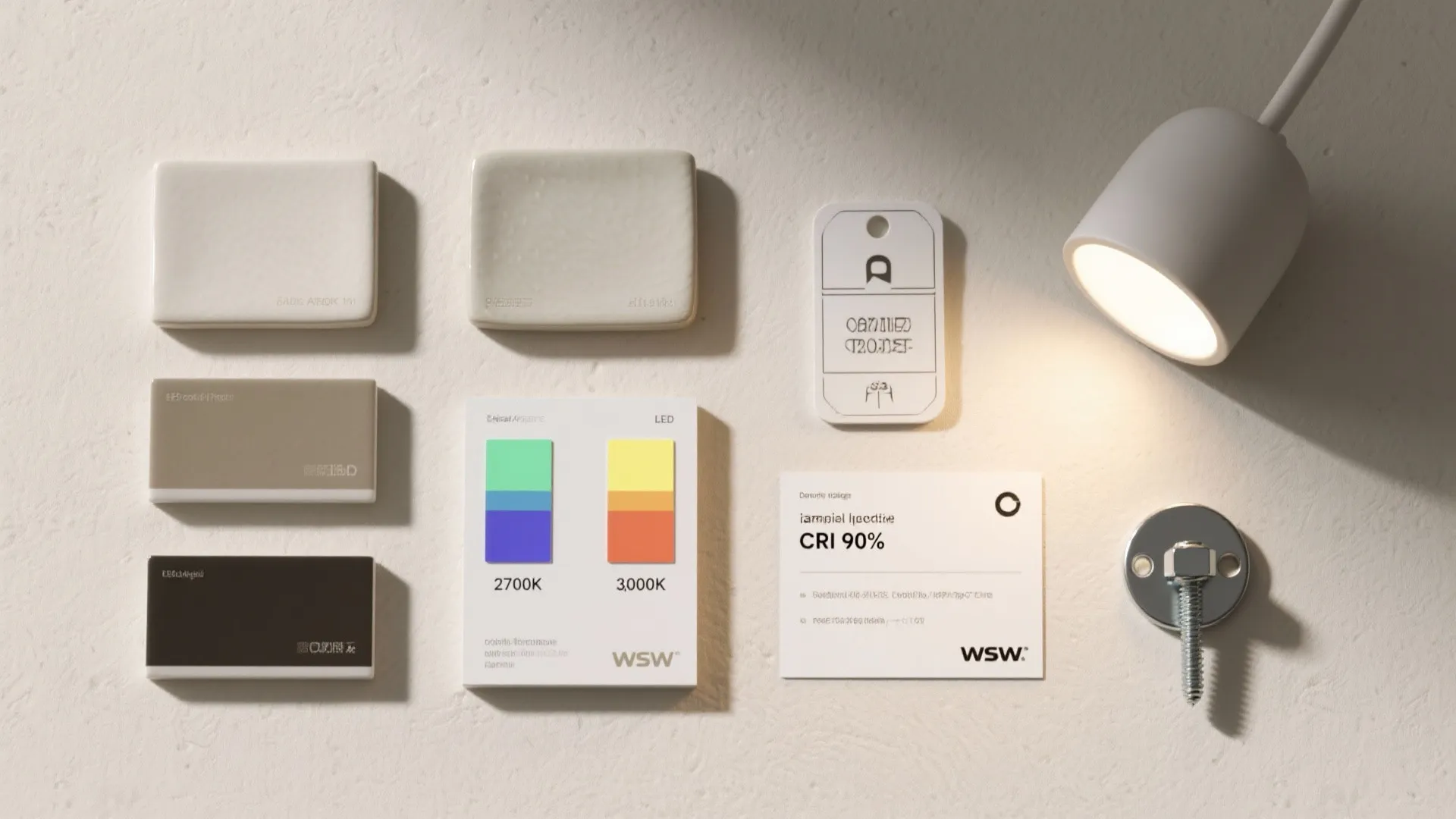 Flat lay with ceramic glaze chips, beam angles, 2700K and 3000K LEDs, CRI 90+ note, and mounting hardware.