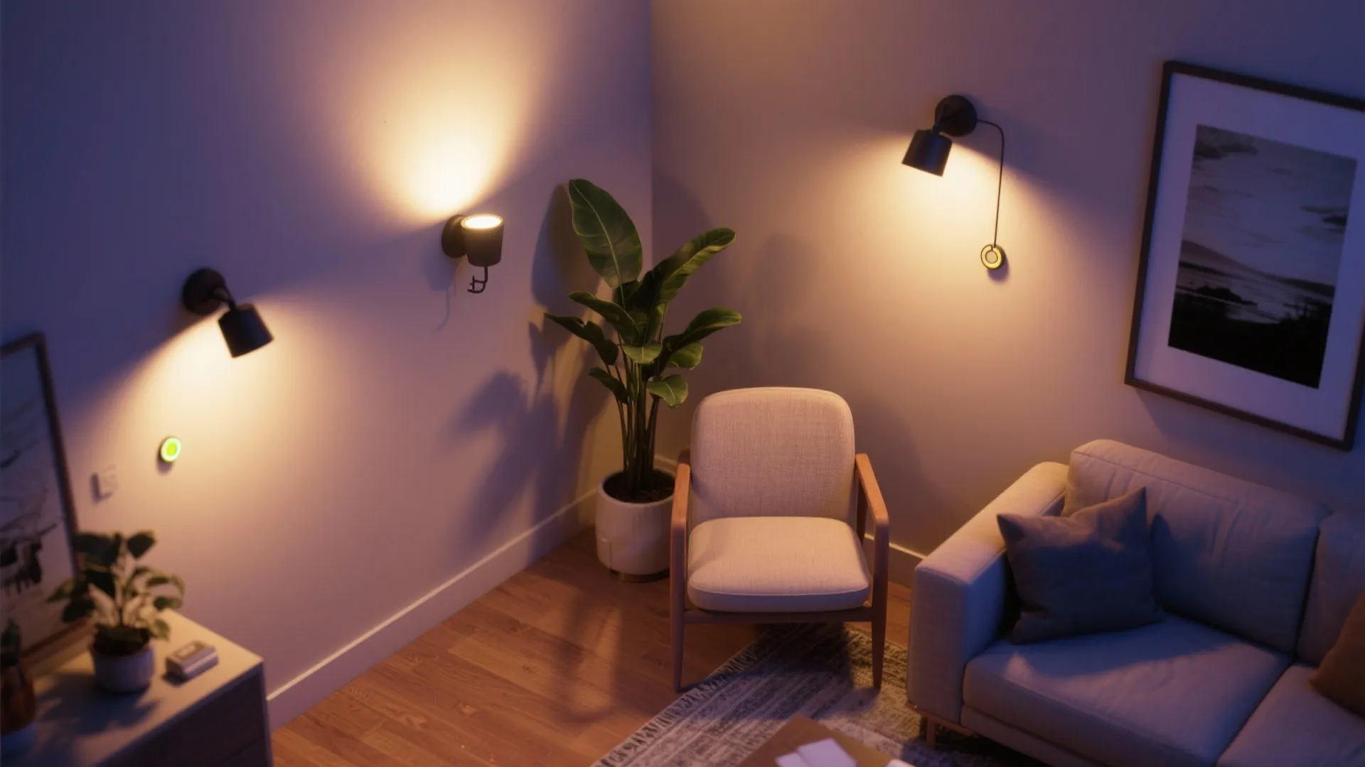 Three black wall lights illuminating a living room corner with green plant, chair, and sofa