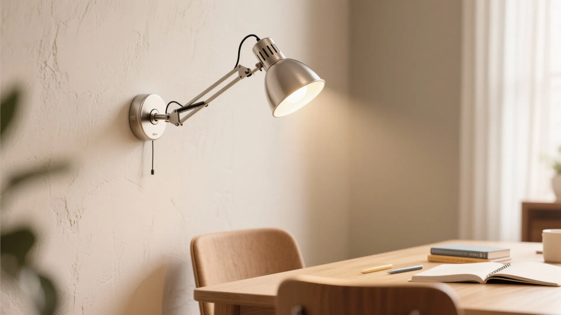 Adjustable silver wall light mounted on a textured wall shining over a wooden study desk