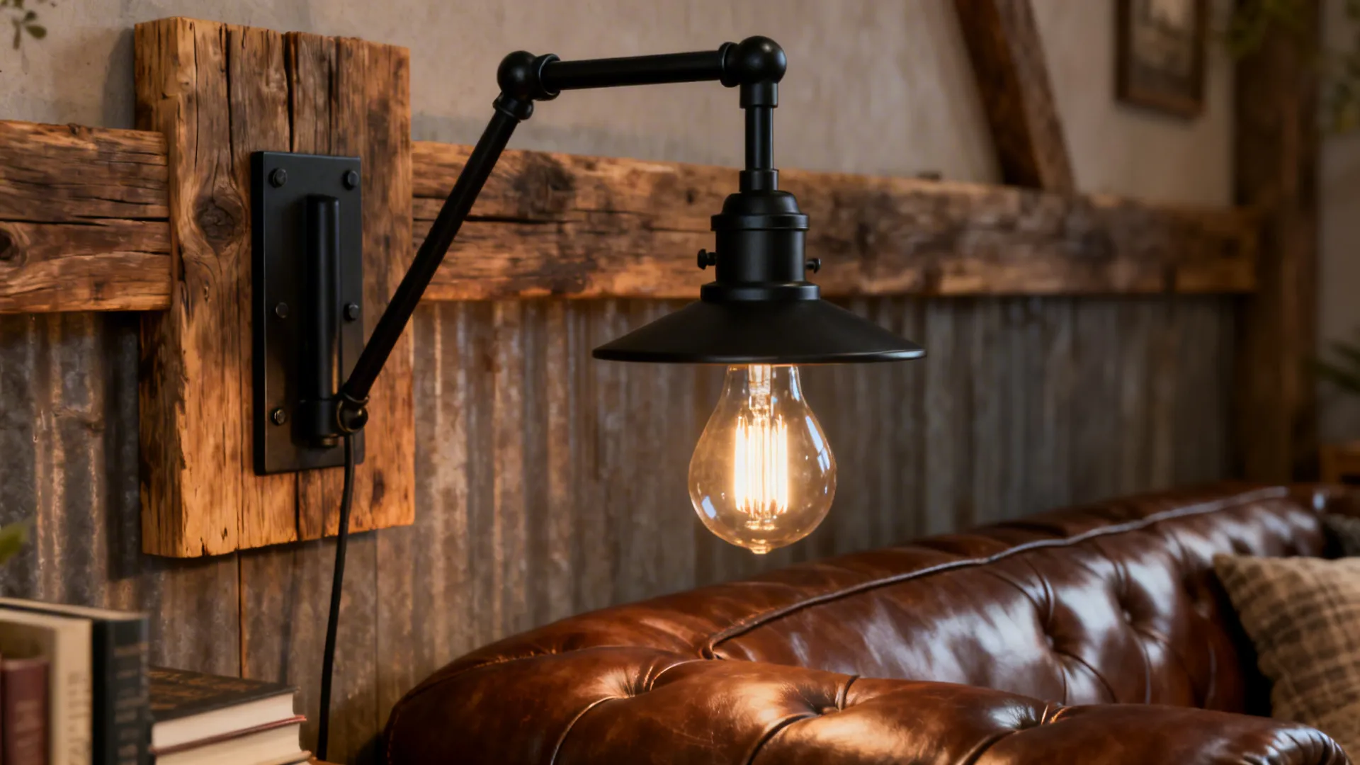 Barn-style swing arm sconce beside a leather sofa with reclaimed wood backplate.