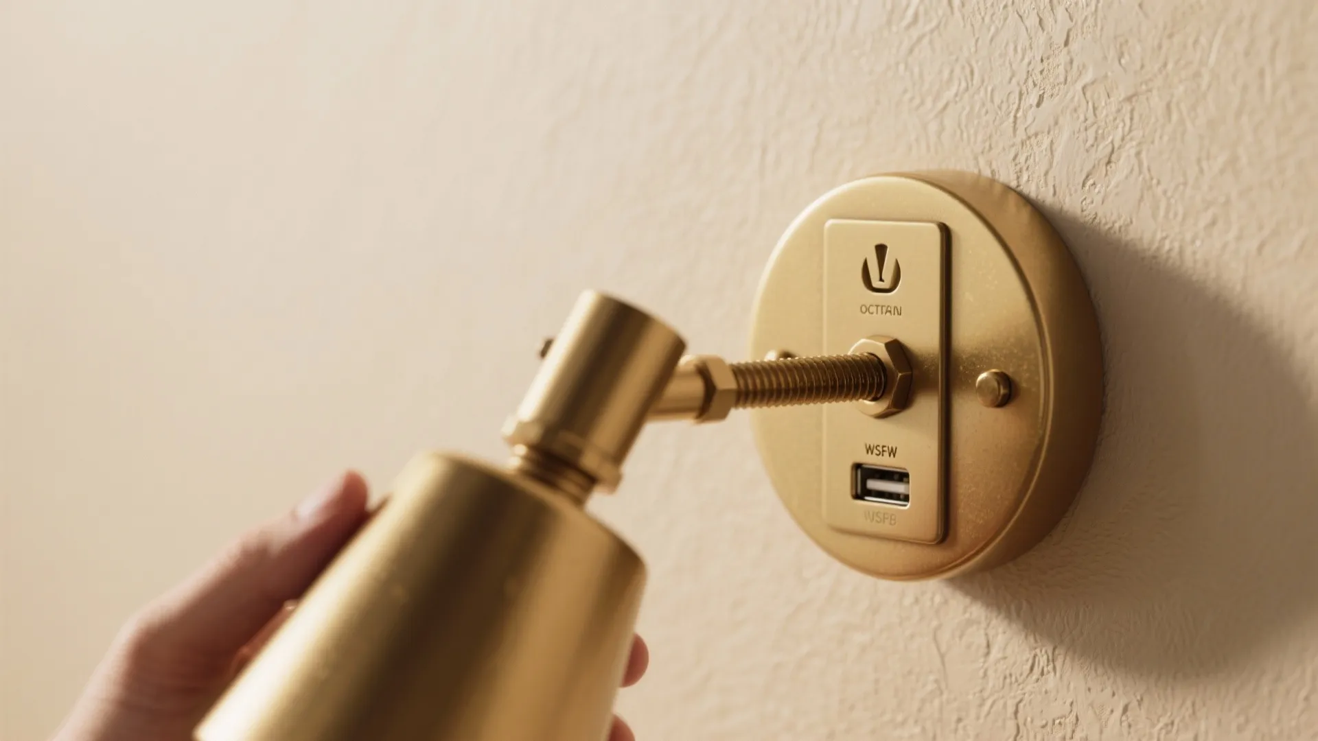 Macro view of a brass swing-arm sconce joint and integrated USB port on a painted wall