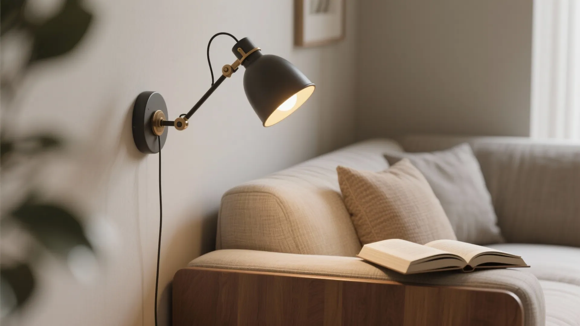 Black adjustable wall light illuminating an open book resting on the arm of a sofa