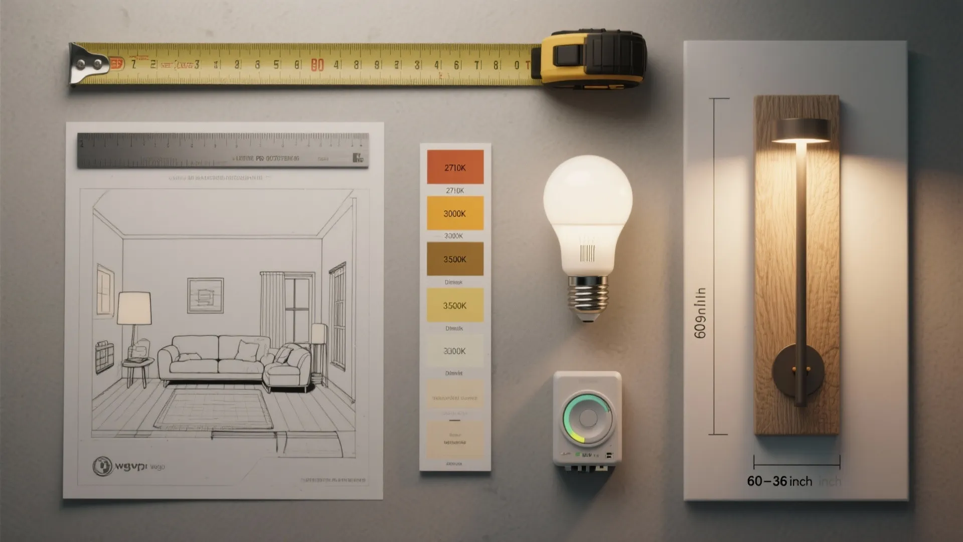 Interior design flatlay with tape measure, ruler, room sketch, light bulb, and a wall light