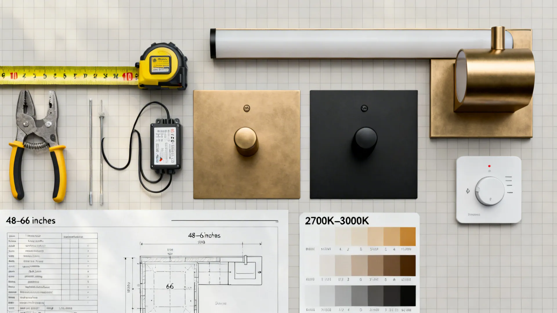 Flatlay of sconce finishes, temperature swatches, mounting tools and placement guide for proper installation