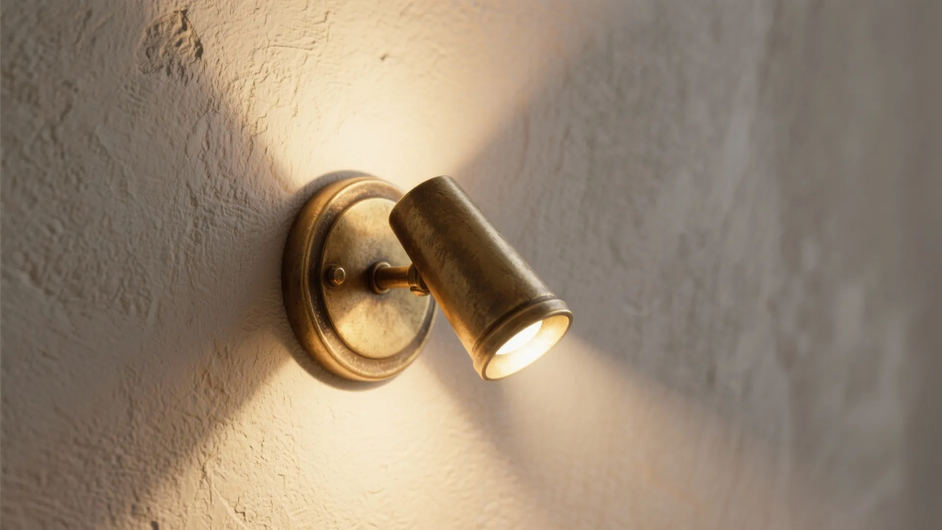 Close-up of a warm up-down wall sconce showing distinct up and down beam spreads on textured stucco
