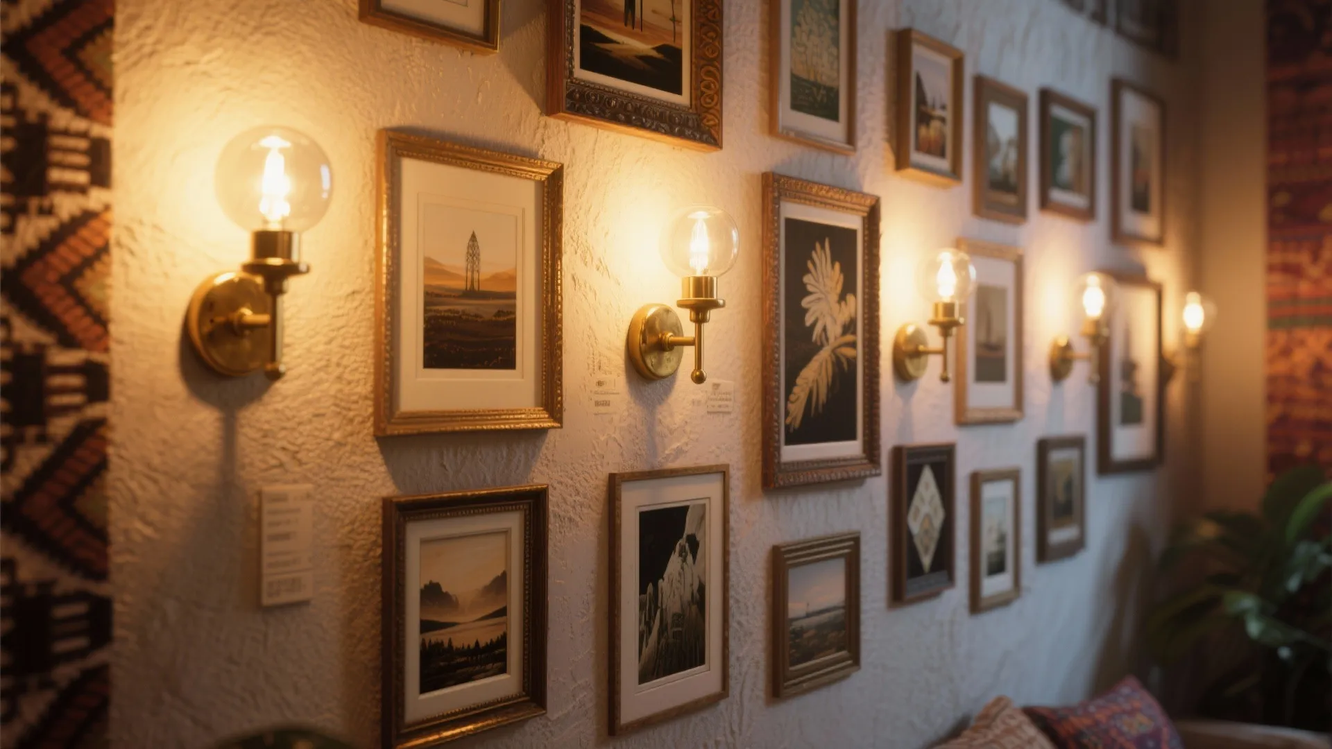 Gallery wall with gold wall lights illuminating framed art pieces on a textured white wall