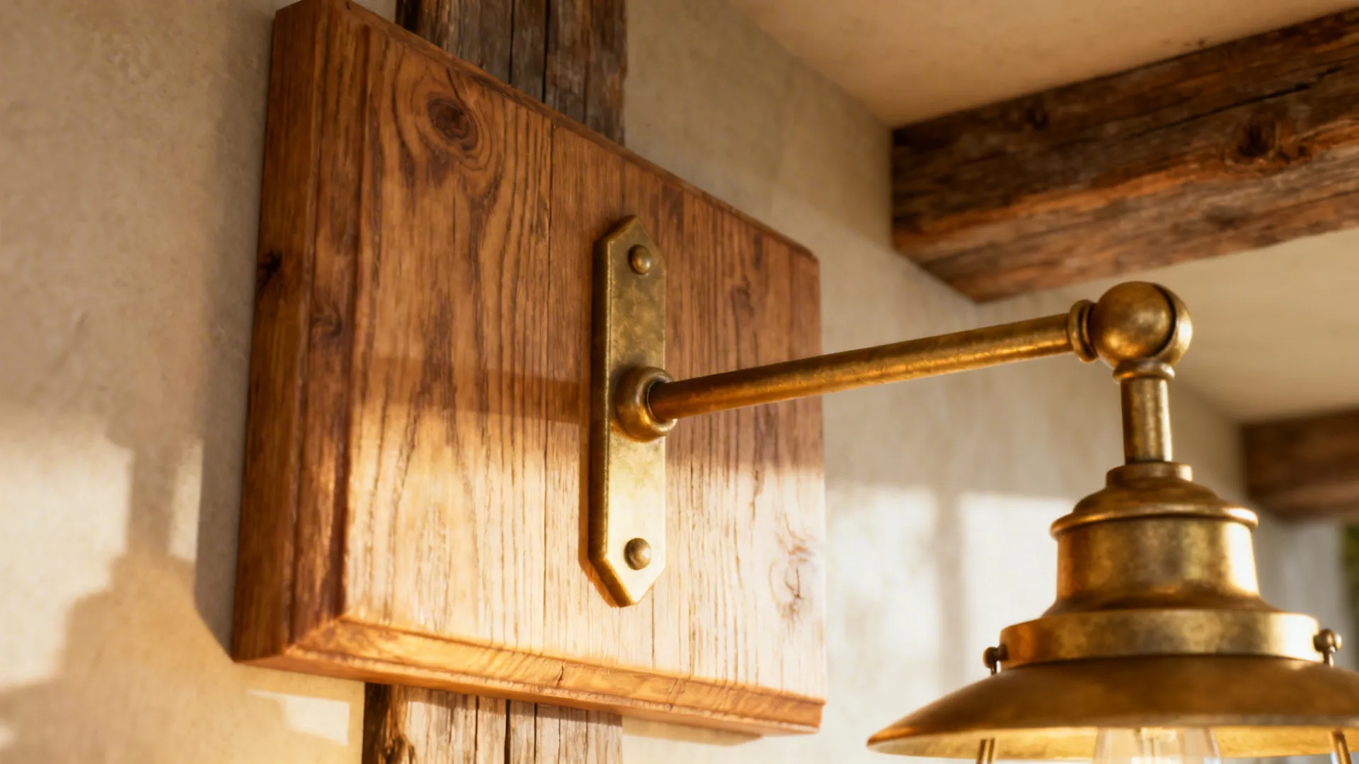Wooden backplate sconce with metal arm showing rich wood grain and warm finish.