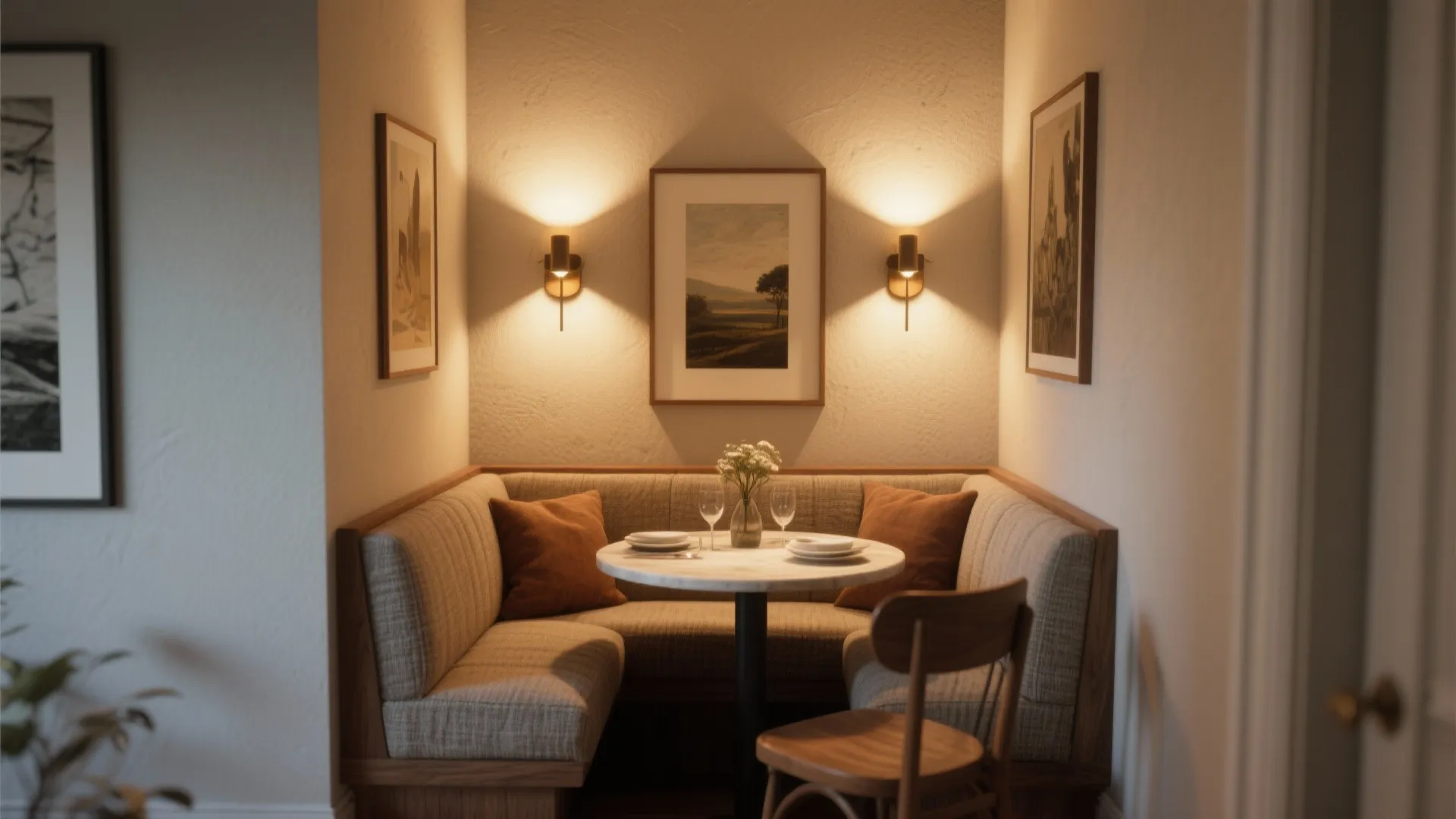 Tiny dining nook lit by wall sconces and accent lights, creating depth and intimacy
