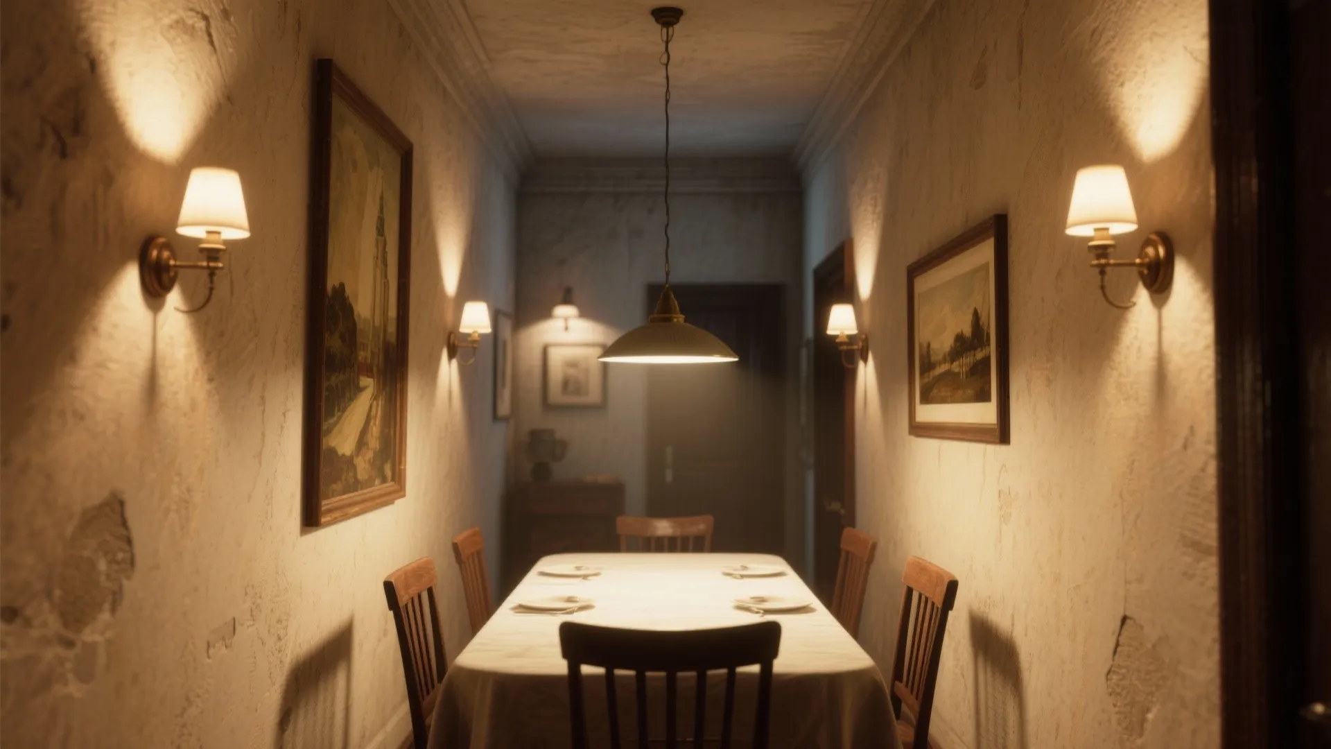 Dining room with long table wooden chairs wall lights framed art and hanging ceiling light fixture