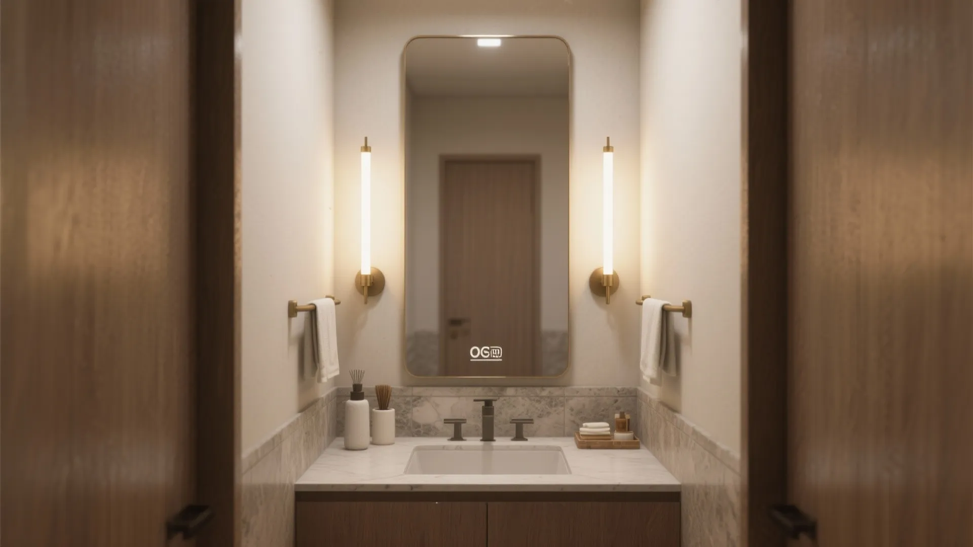 Elegant bathroom vanity with a large mirror two gold wall lights and marble counter with sink
