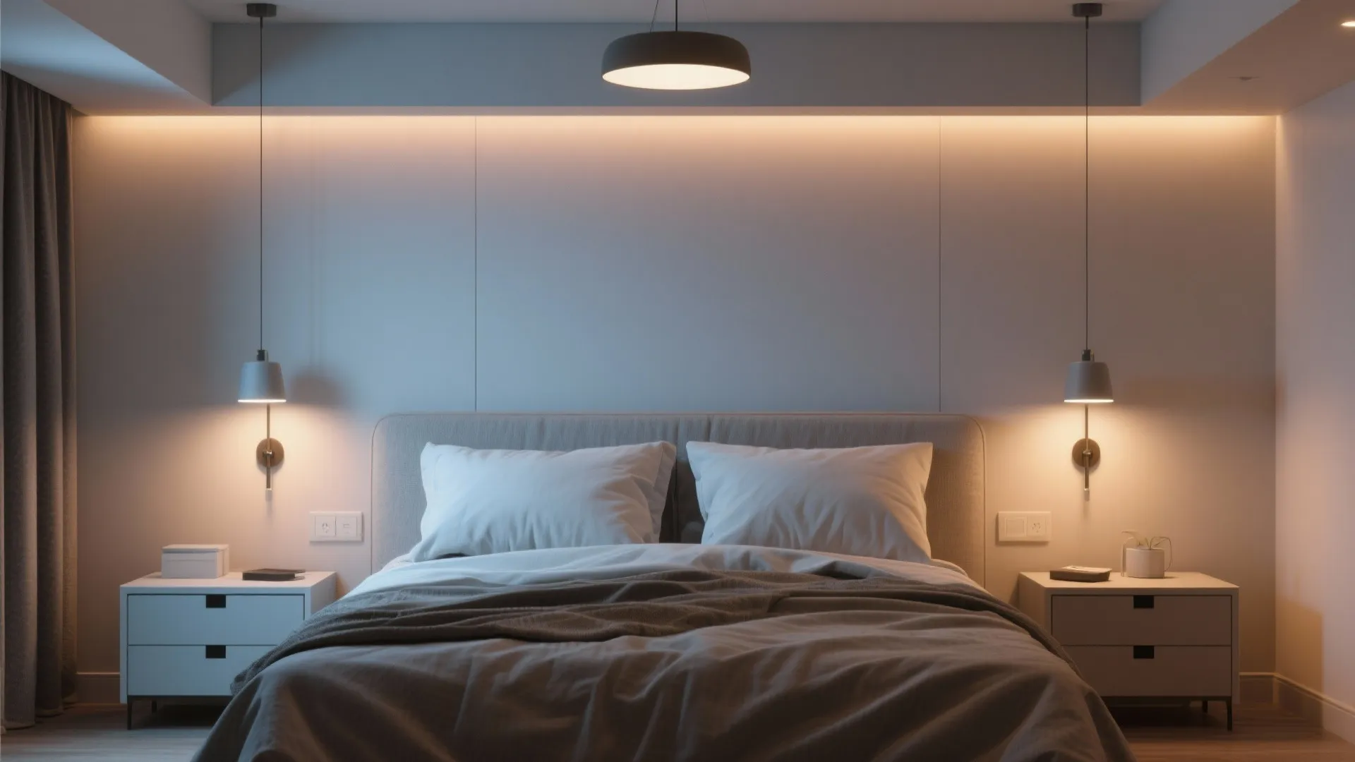 Modern bedroom with two wall lights above nightstands beside a bed with white soft pillows
