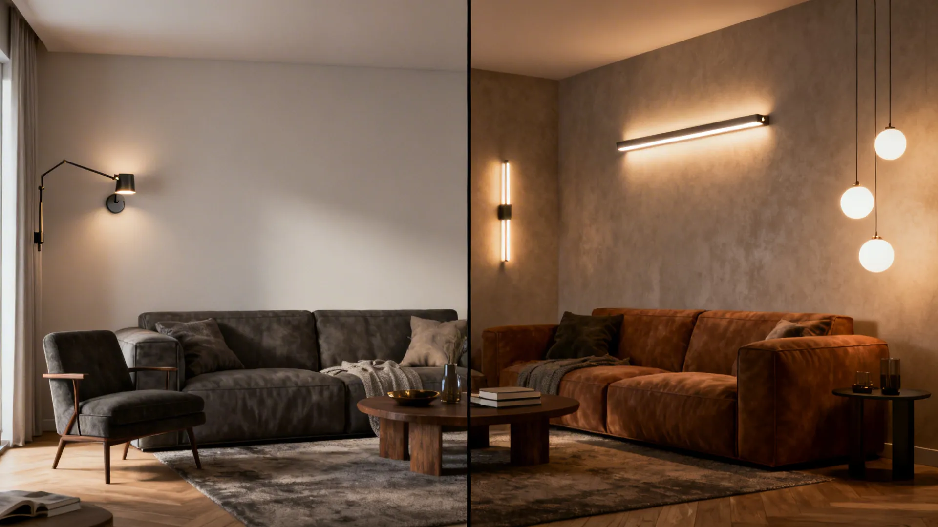 Before and after of a small living room showing the impact of layered wall sconces on mood and depth.