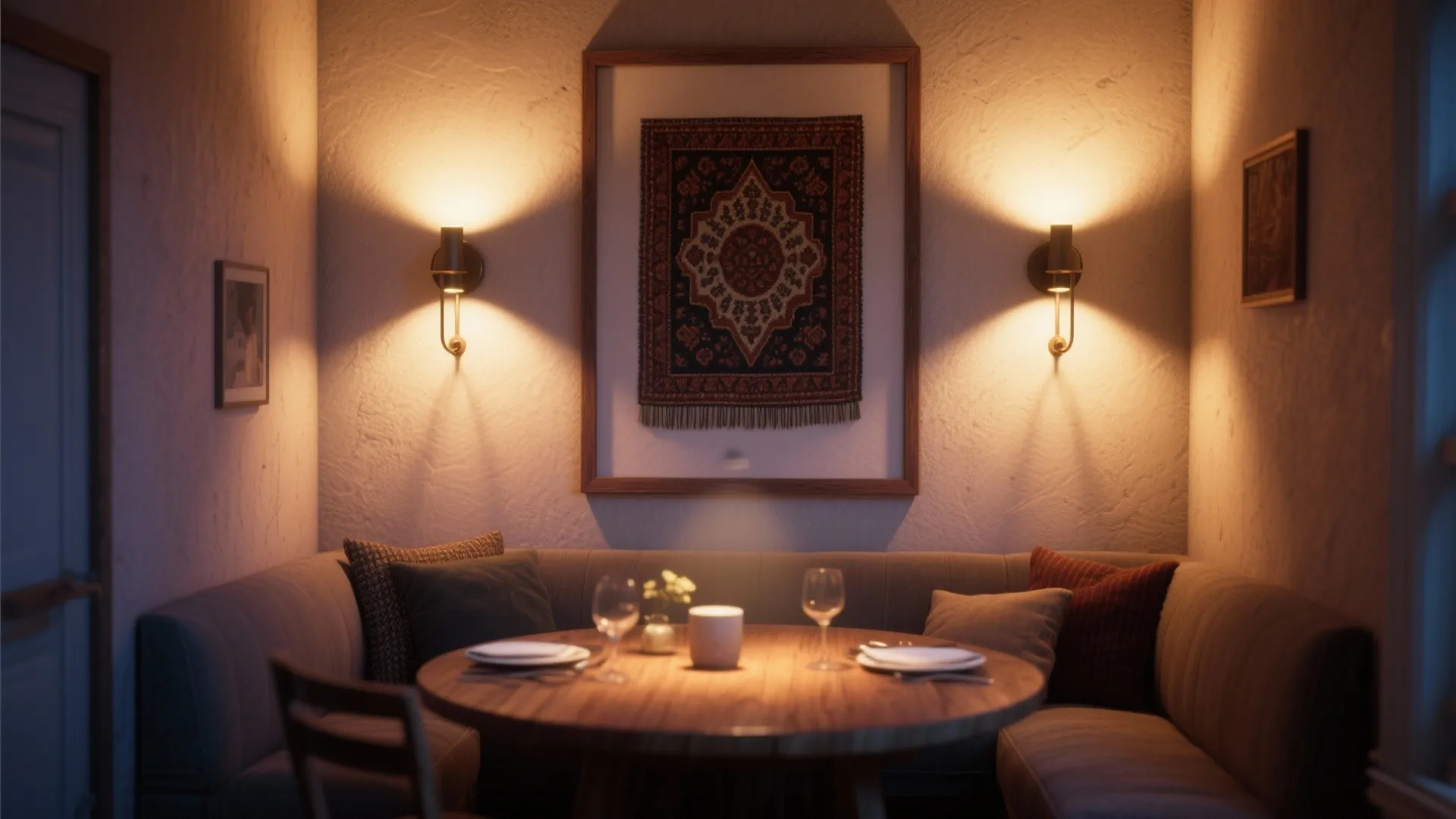 Cozy dining area with two wall lights wooden table corner sofa and large wall art