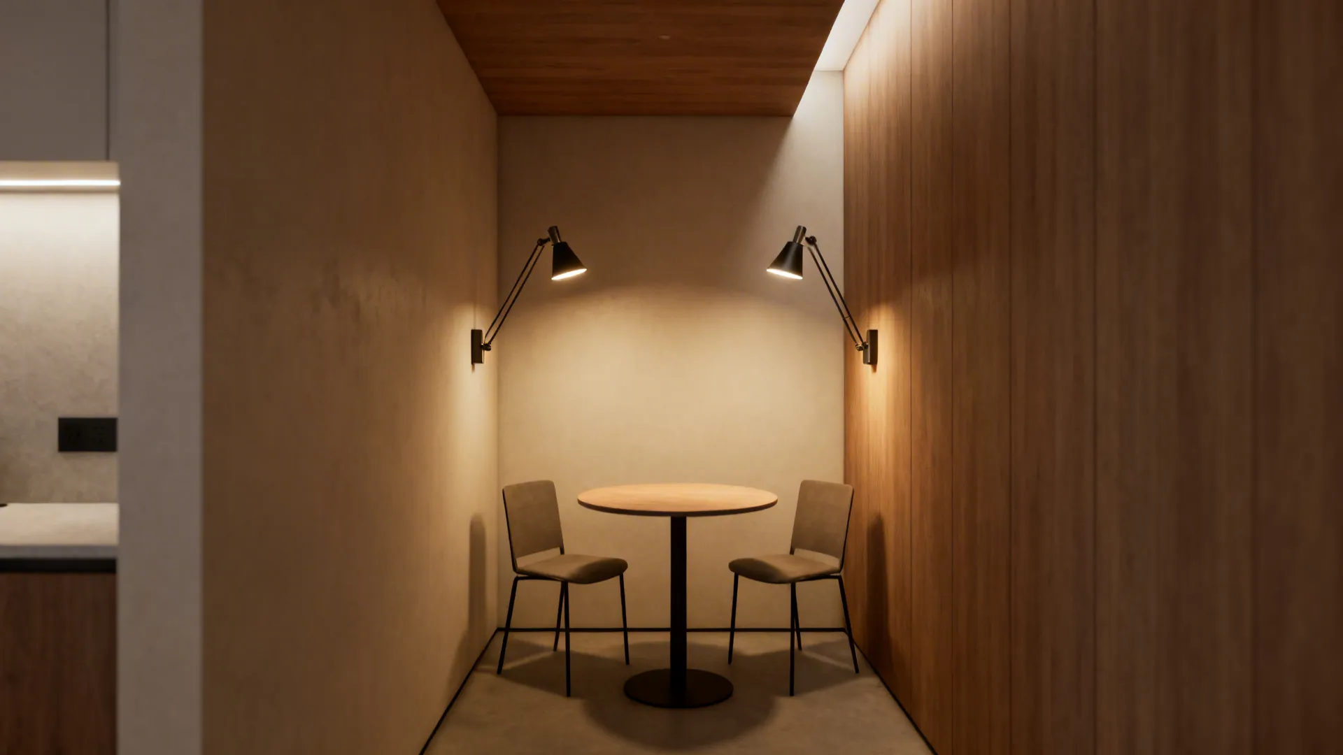 Narrow dining nook illuminated by adjustable swing-arm wall sconces and warm ambient light