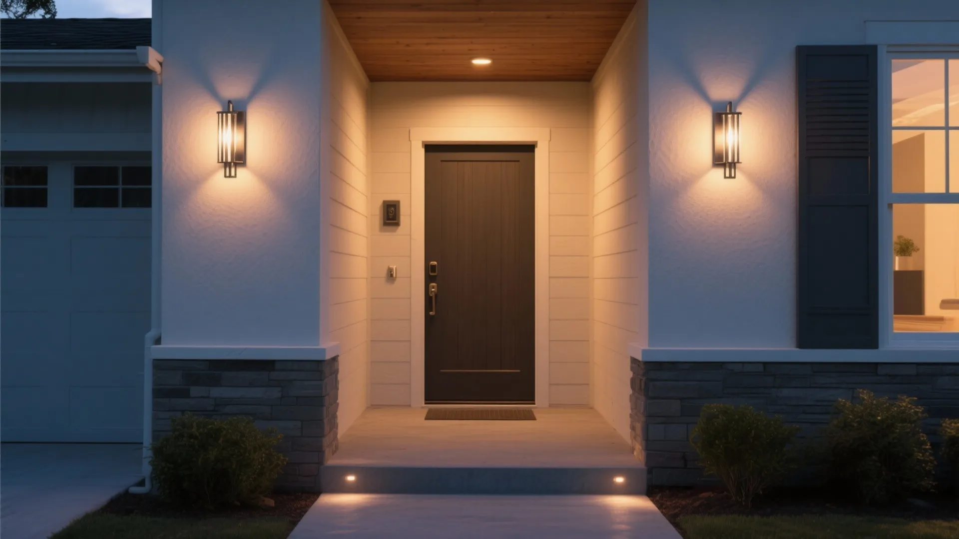 Modern front door entrance at night with two warm wall lights and grey stone walls