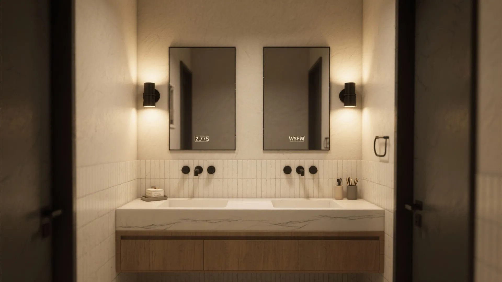 1. Matte Black Wall Sconces Flanking the Mirror
