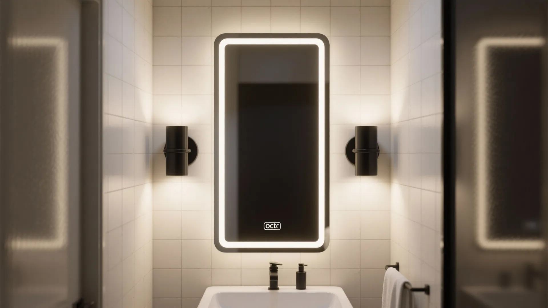 2. Matte Black Wall Sconces Flanking Mirrors