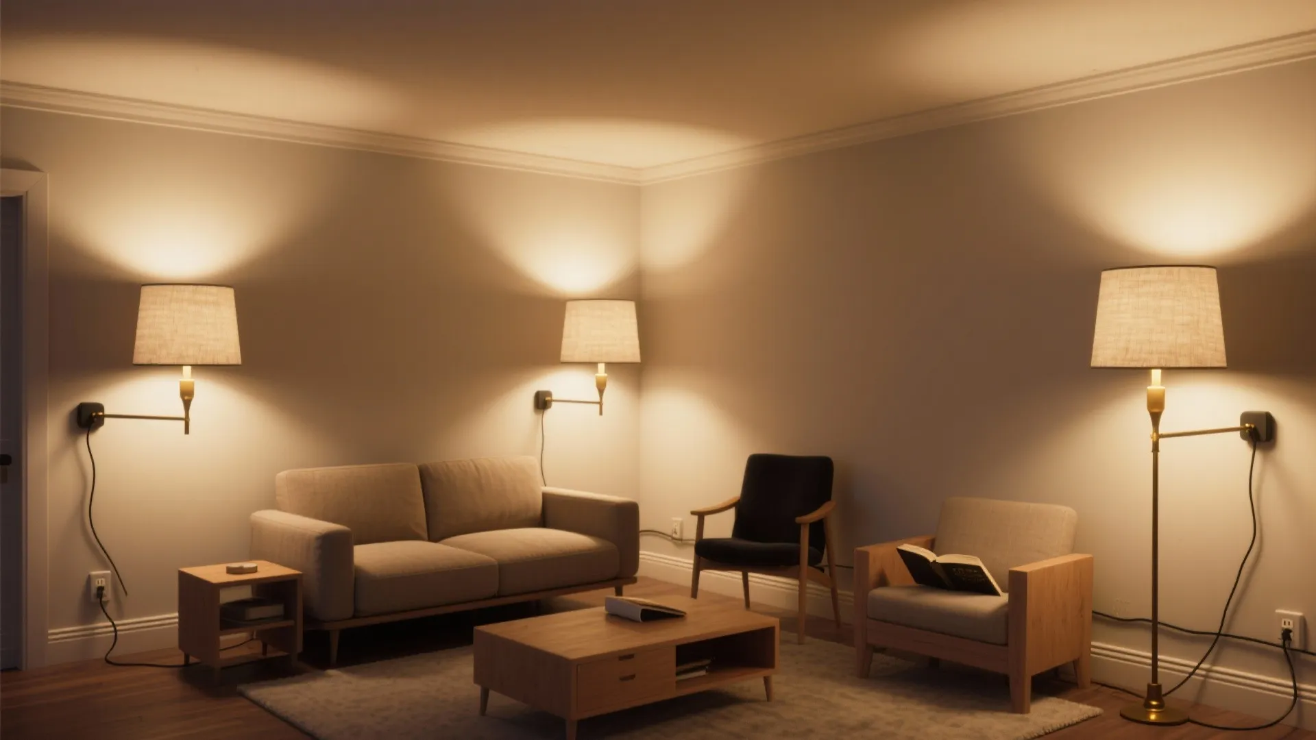 Plug-in sconces and floor lamps to zone the room