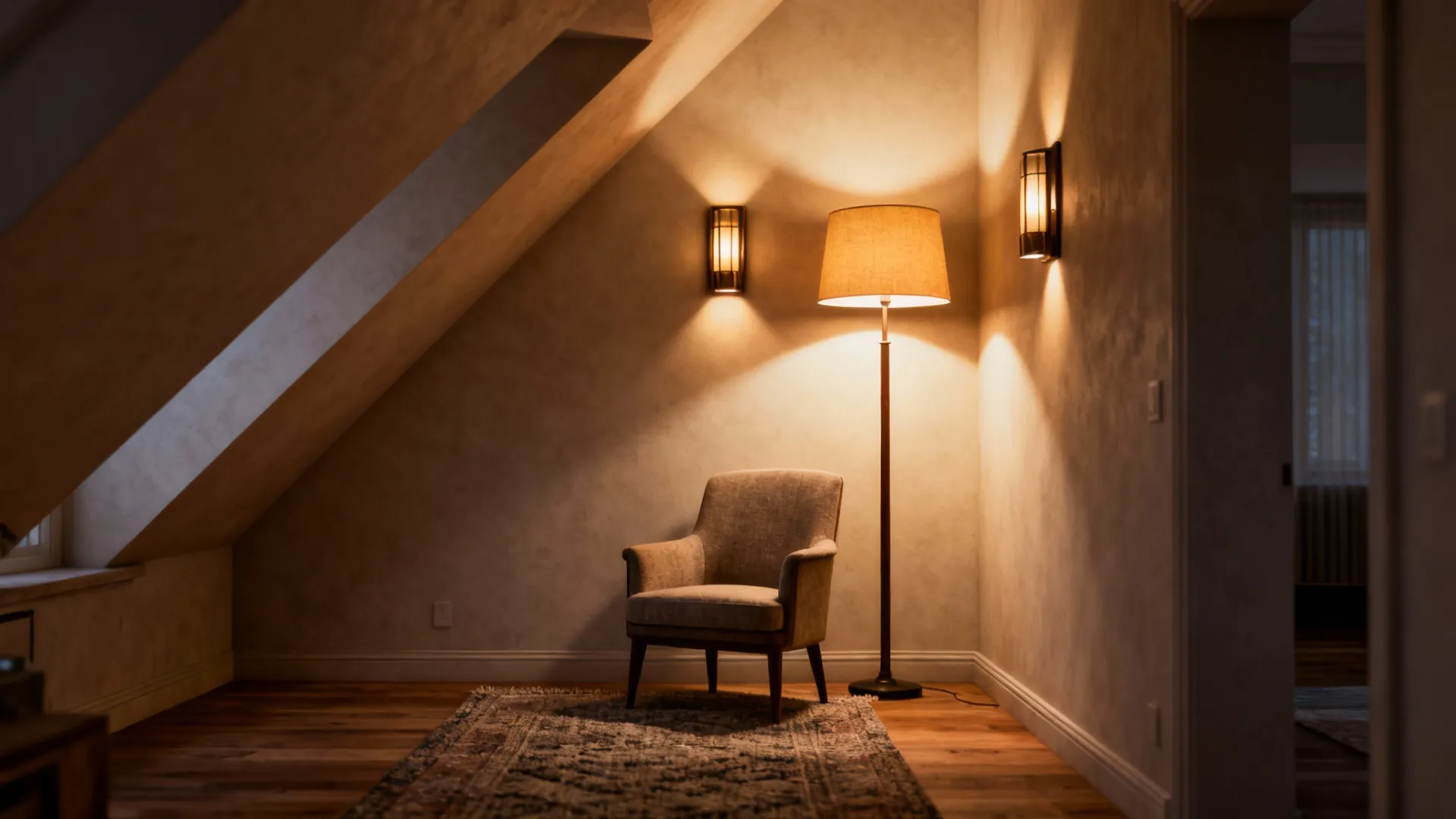 Cozy room corner with armchair rug tall floor lamp and two warm glowing wall lights