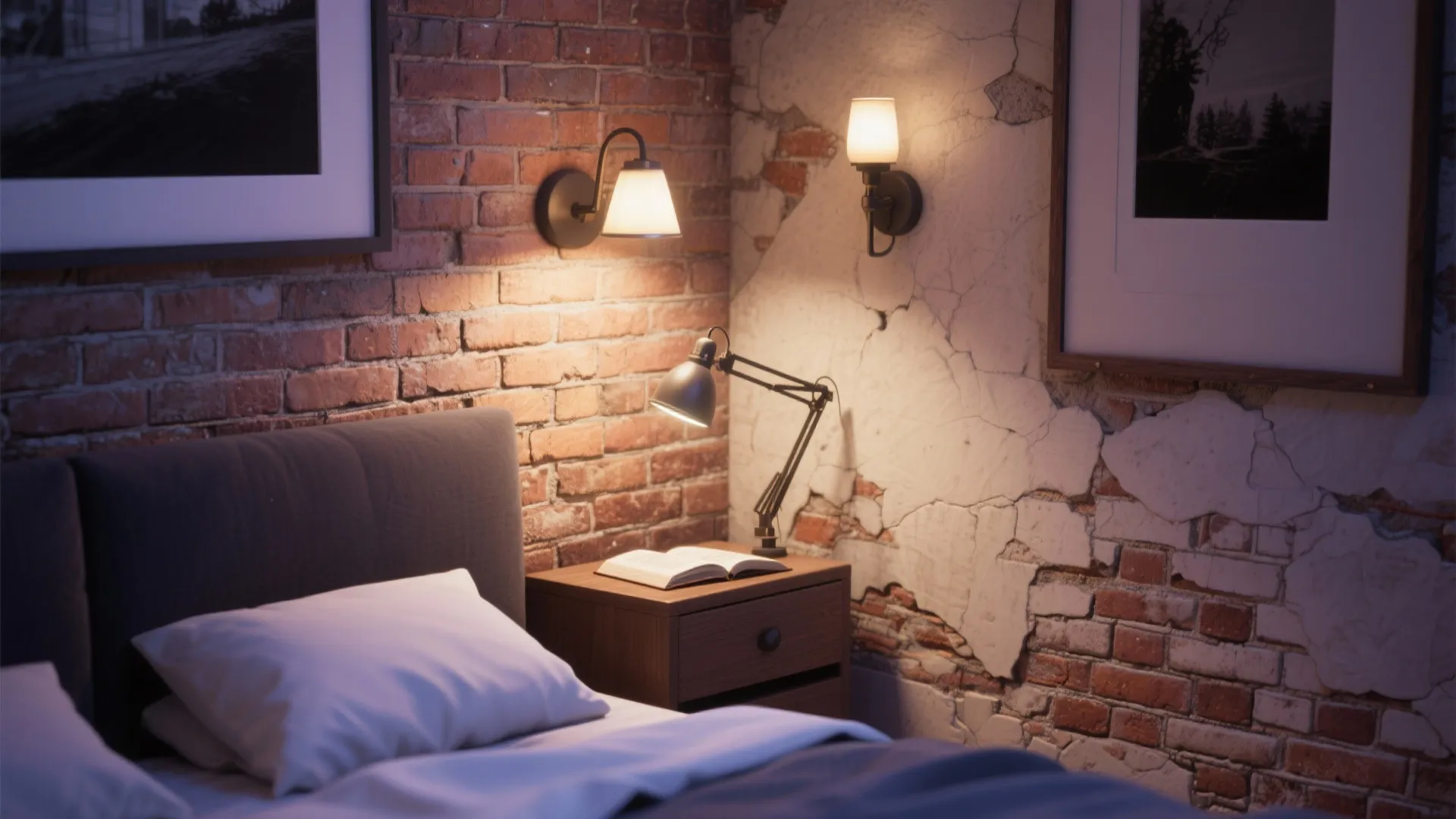 Cozy industrial bedroom with brick wall and two wall lights above a dark bedside table