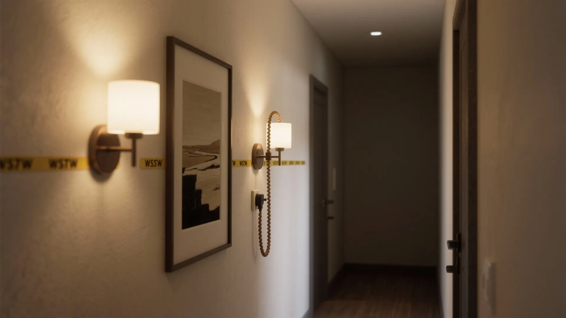 Two different white wall lights showing hardwired and plug-in options in a dim hallway interior