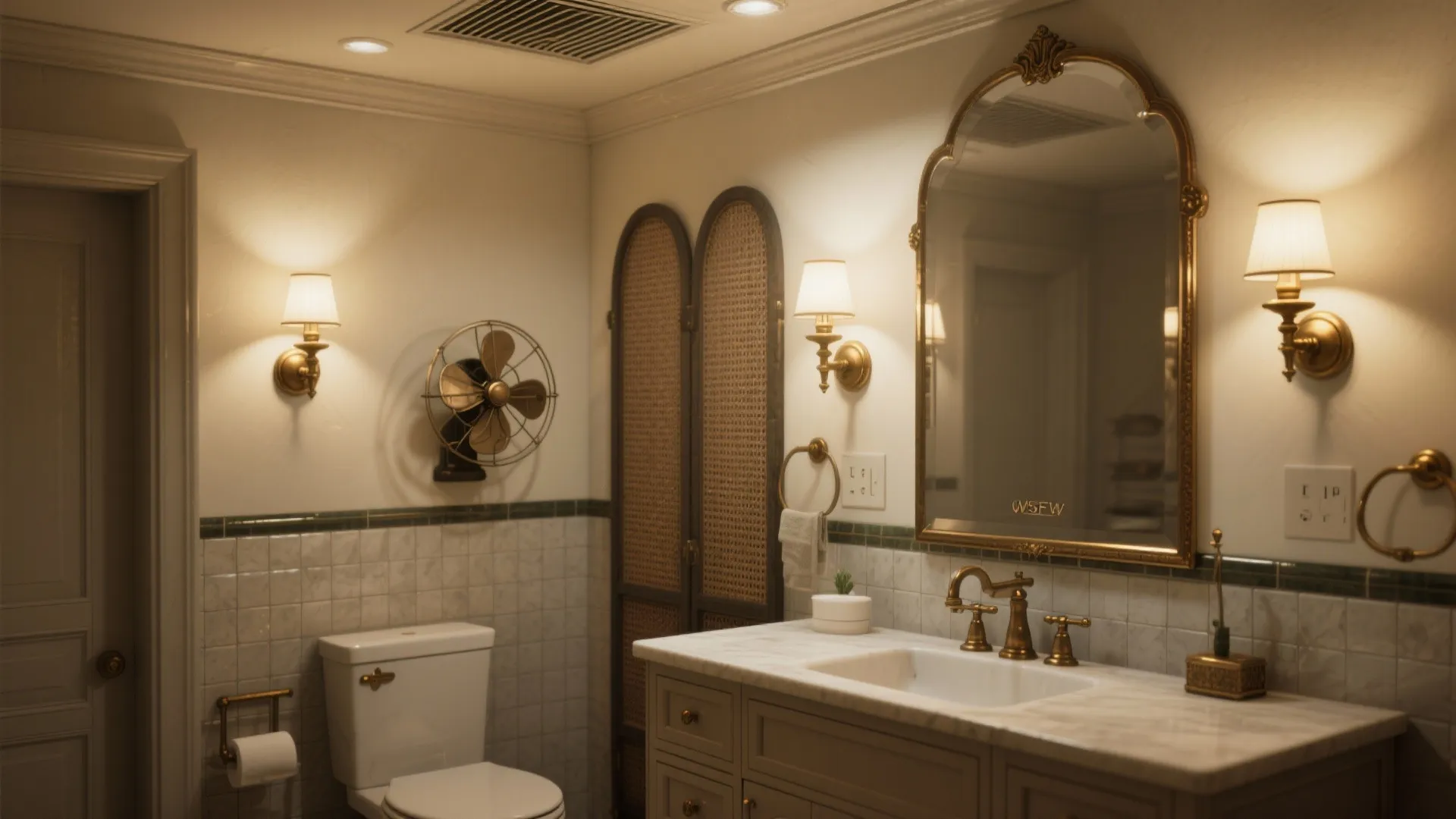 4. Wall sconces flanking a mirror + silent wall or ceiling fan