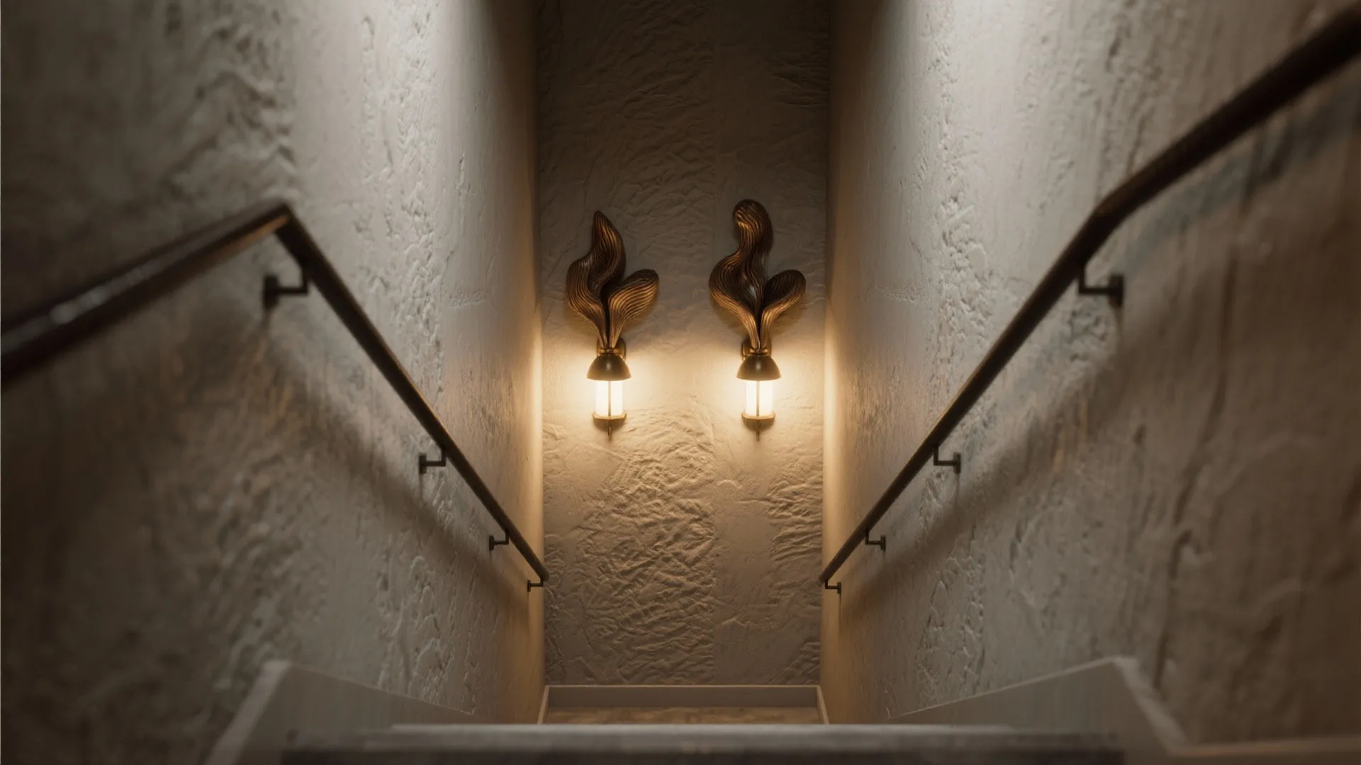 Narrow stair landing with two sculptural wall sconces providing decorative down-light and texture