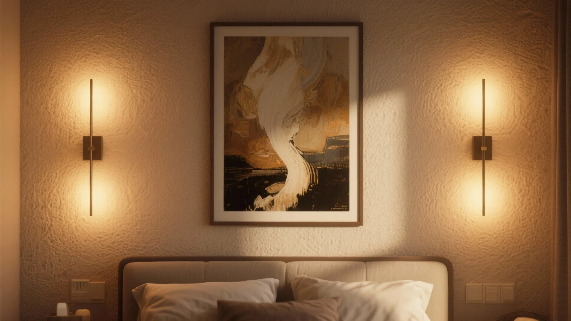 Two modern wall lights illuminate a framed art piece above a bed with white pillows