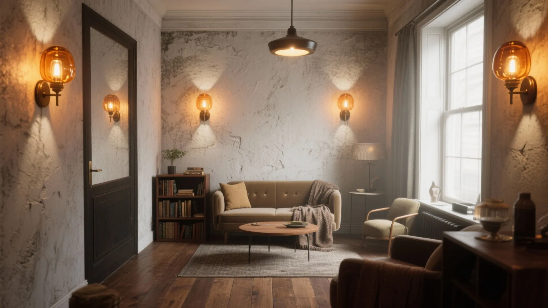 Vintage living room with beige sofa wooden floor bookshelves and glowing orange glass wall lights