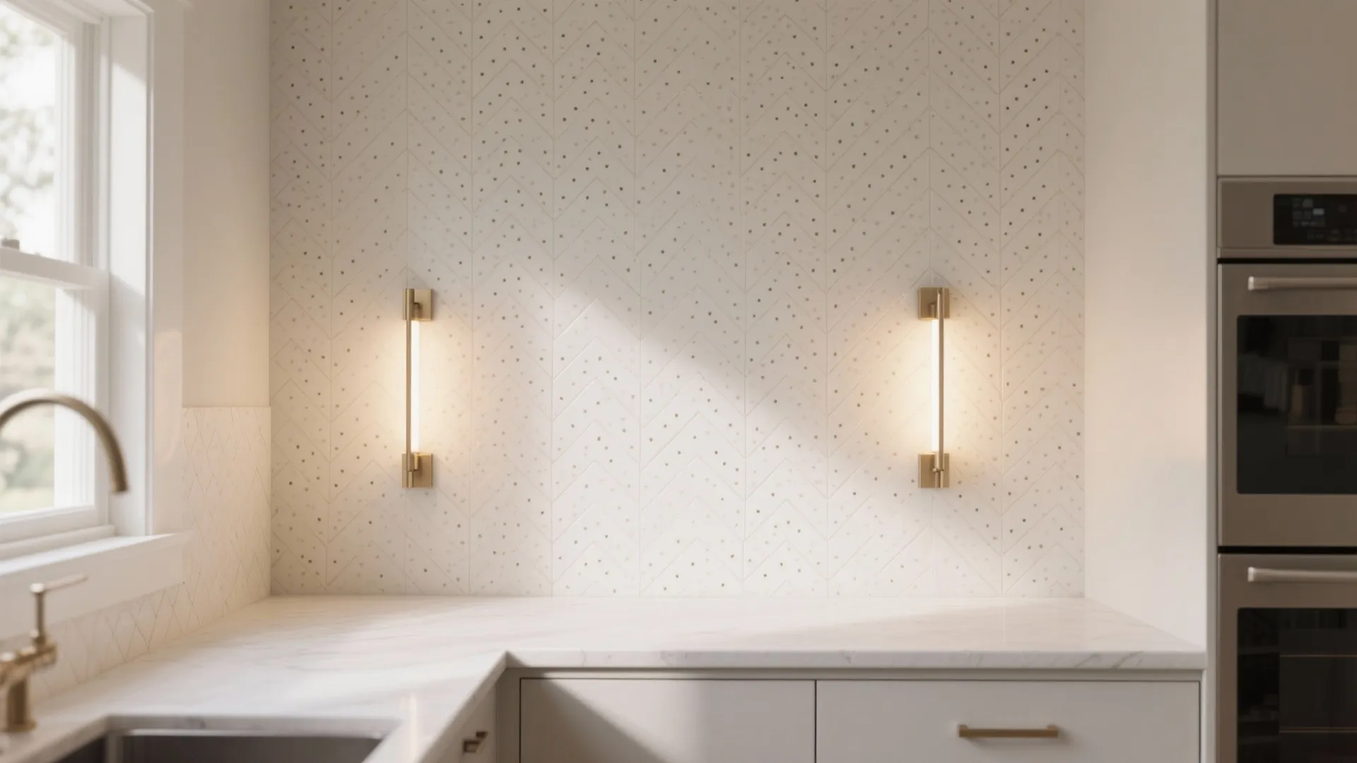 Statement Sconces with Micro-Pattern Wallpaper