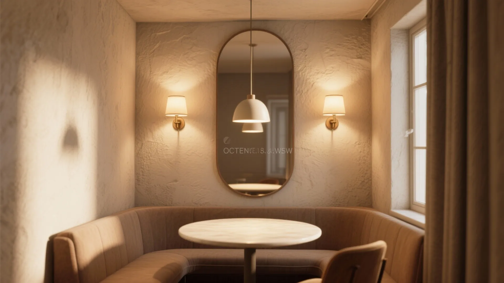 Cozy dining area with curved sofa marble table oval mirror two wall lights and natural light