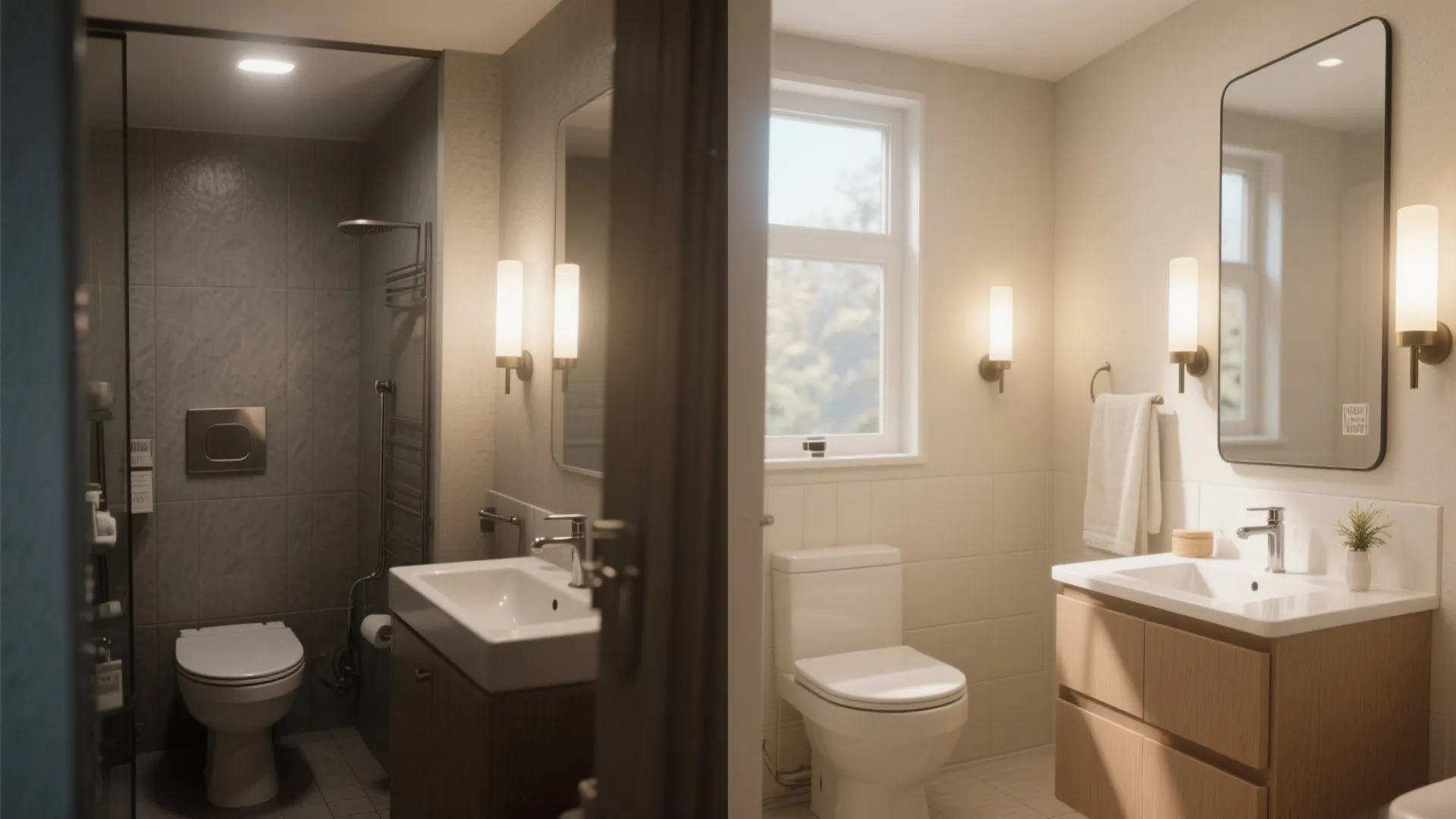 Before and after of a compact bathroom transformed by sconces flanking a mirror to amplify light