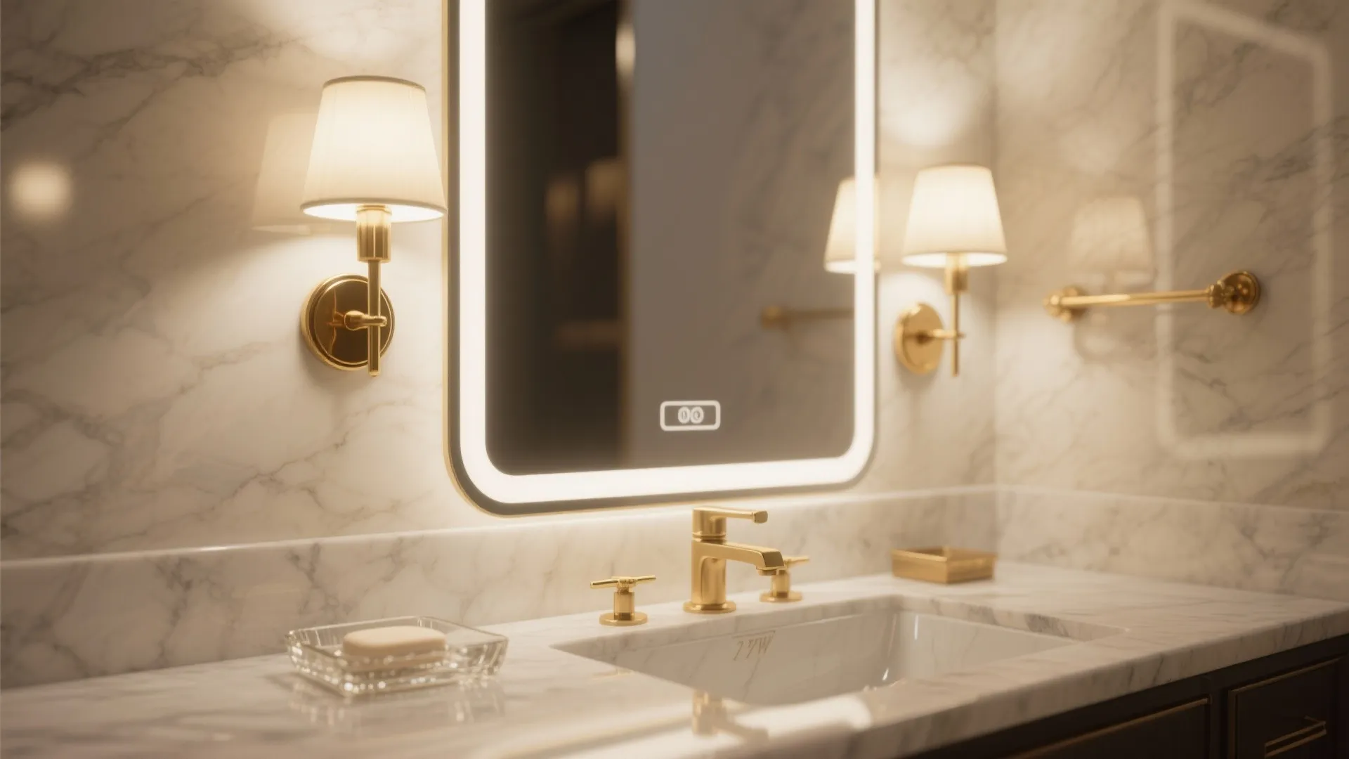 Luxury bathroom vanity with marble walls glowing mirror gold faucet and two gold wall lights