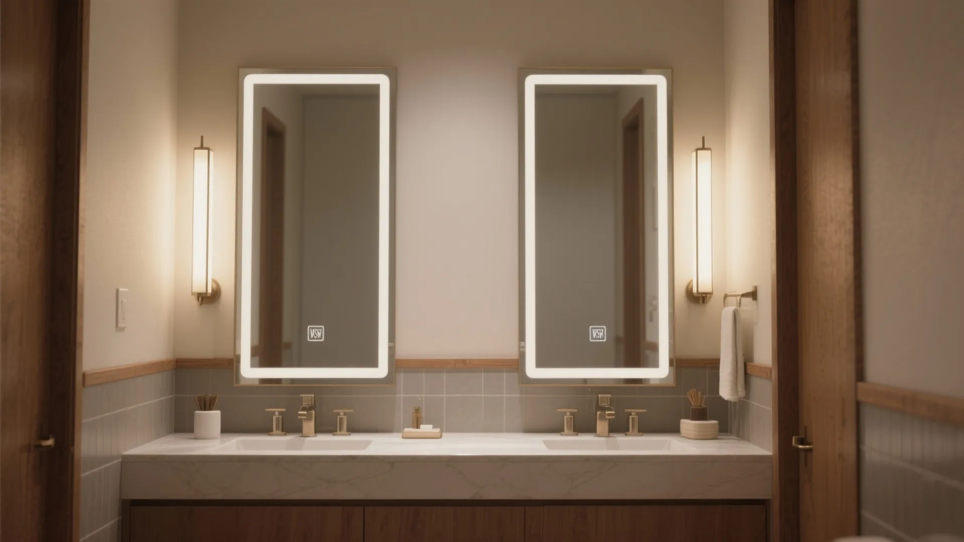 Bathroom vanity with double sinks marble top and two lighted mirrors with golden wall lights