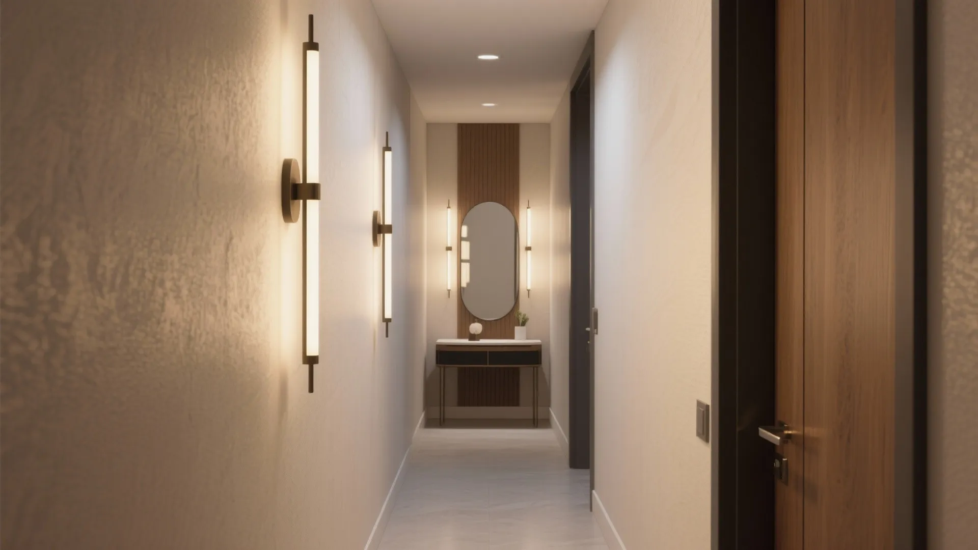 Long narrow hallway featuring modern vertical wall lights and an oval mirror at the end