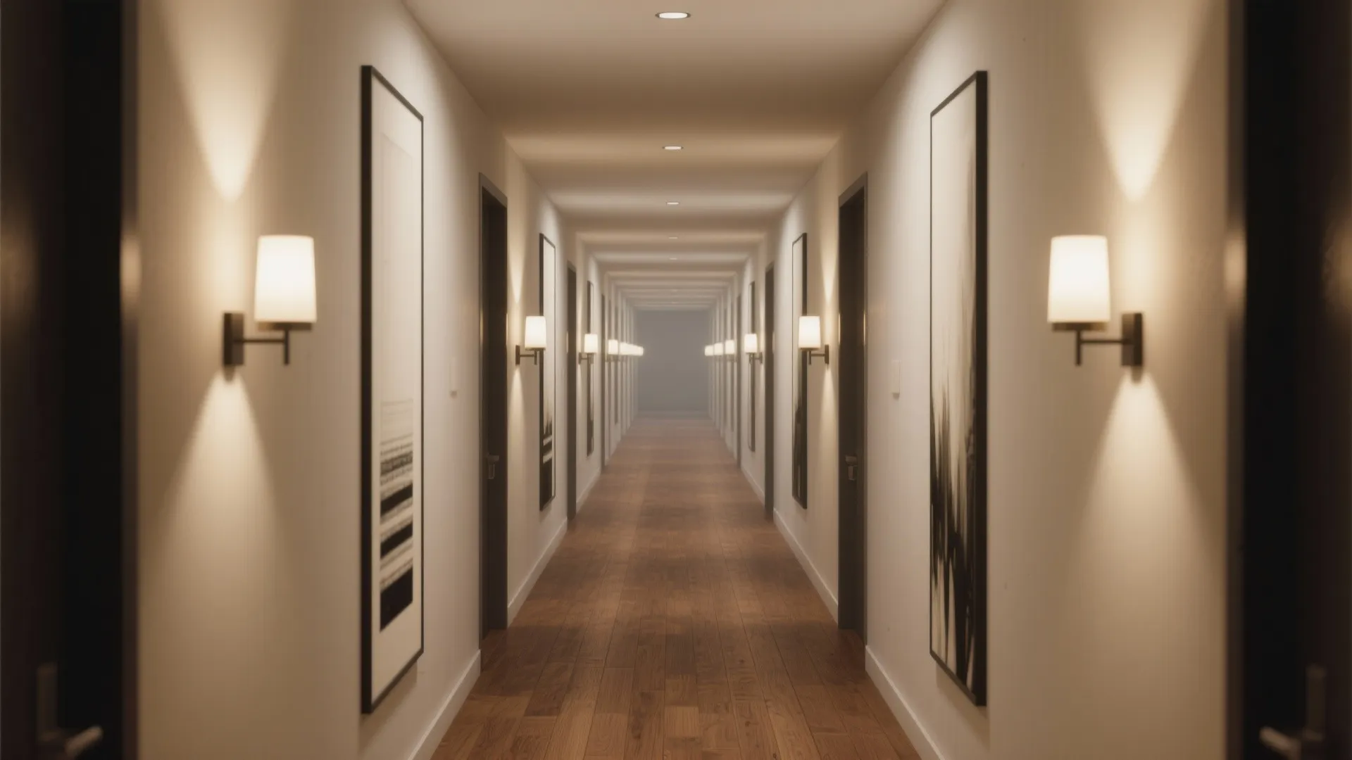 Long apartment hallway with many wall lights wooden floor framed art and white walls interior