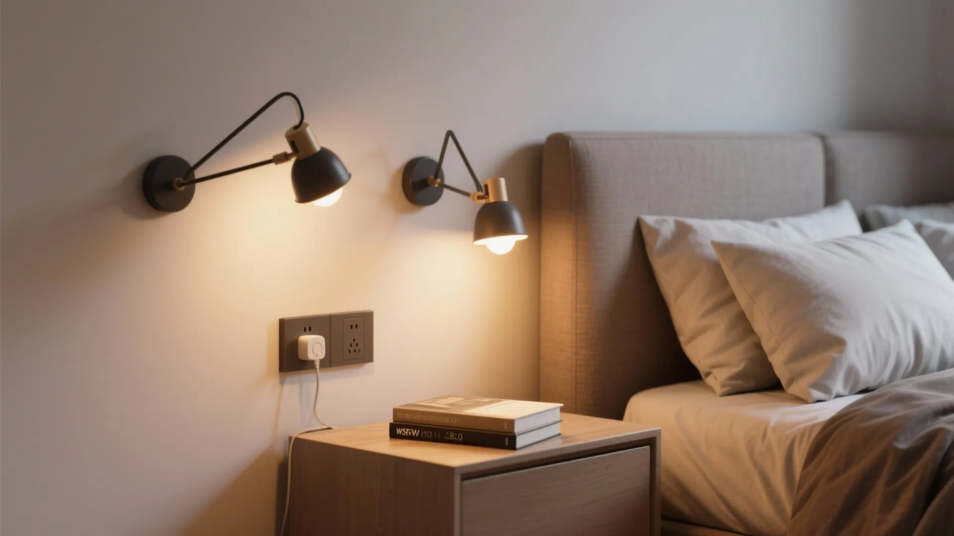 Adjustable swing-arm wall sconces beside bed, clearing clutter from small nightstands.