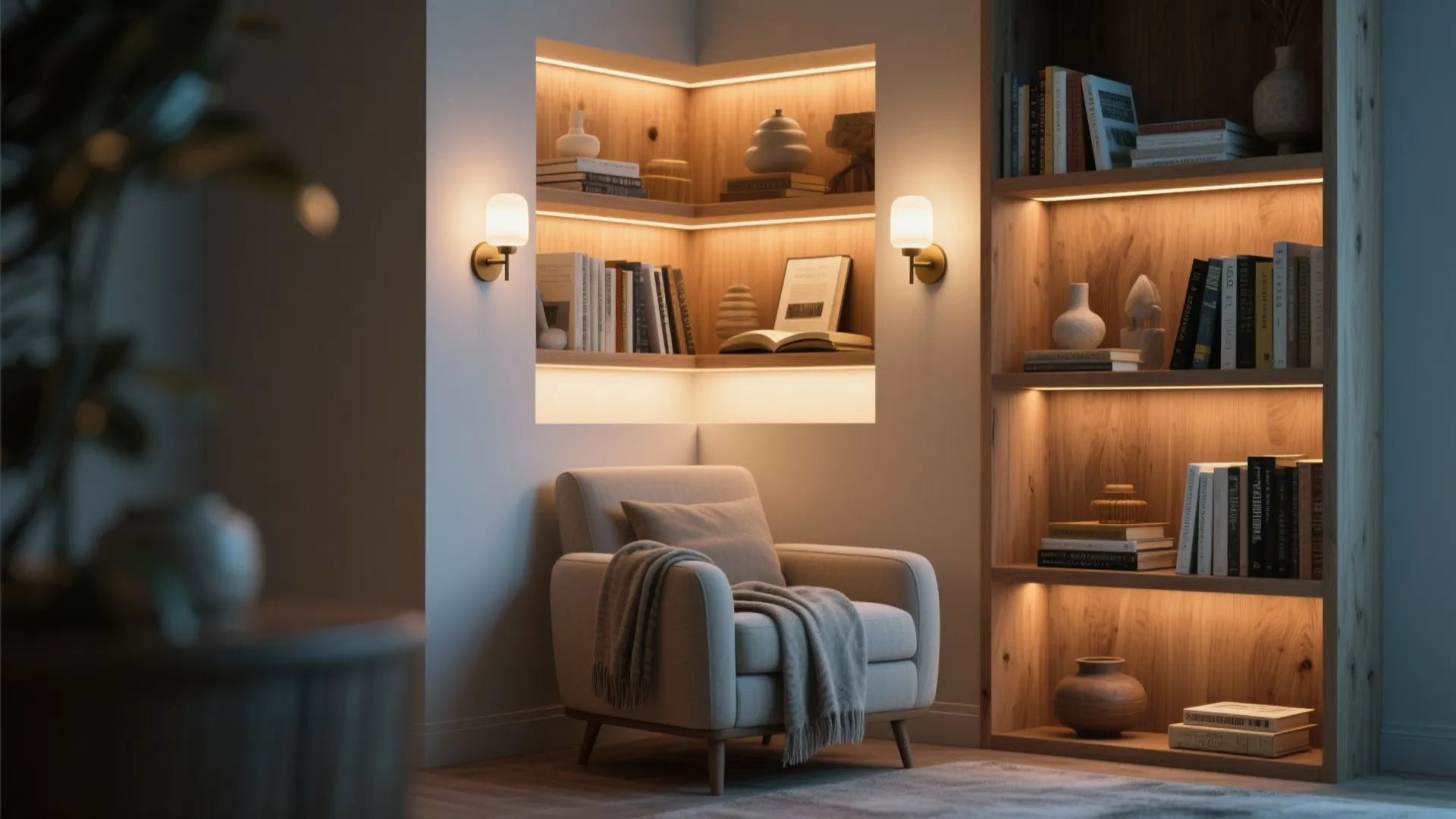 Cozy reading corner with armchair blanket two wall lights and wooden shelves with various books