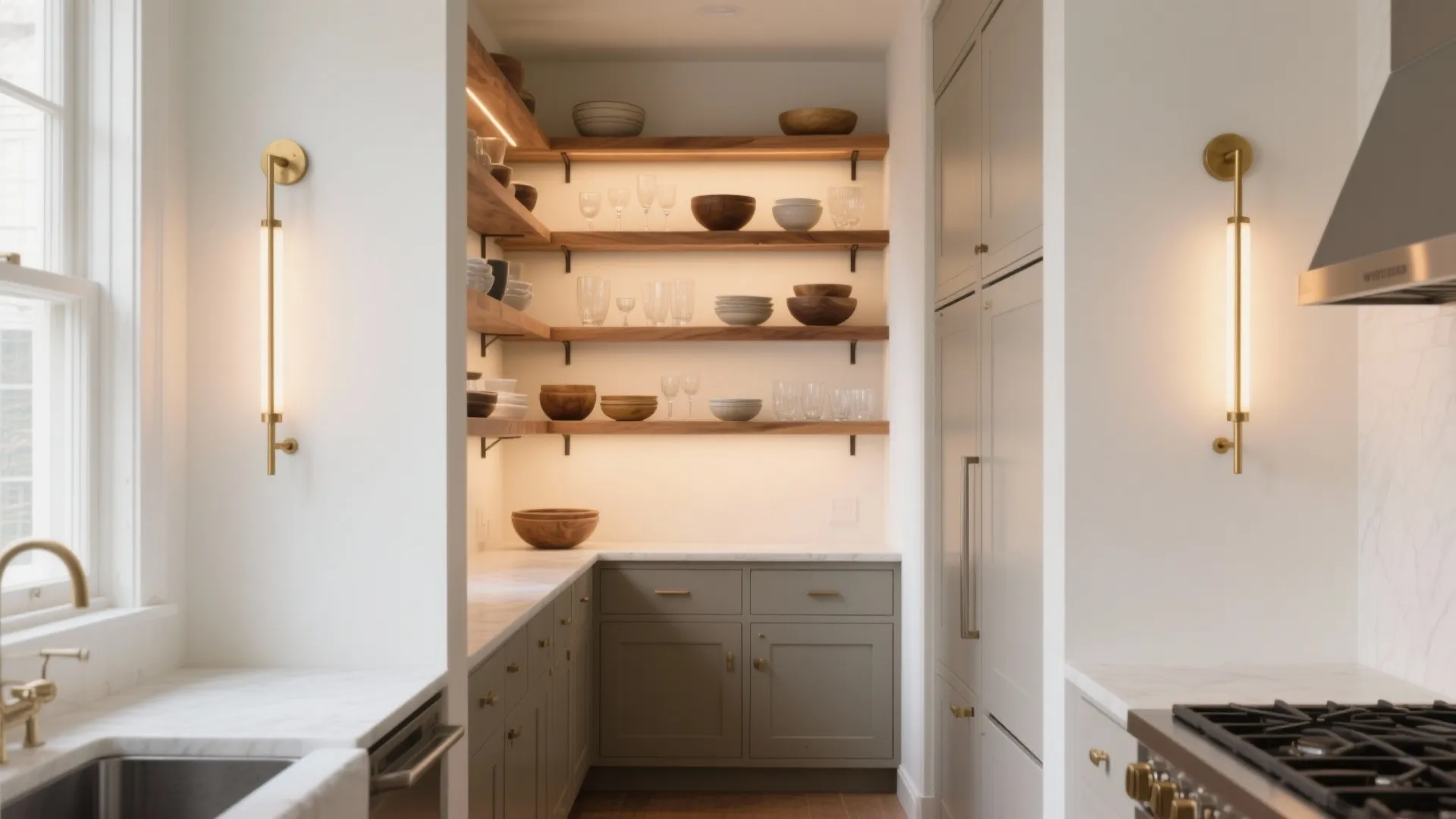 Flanking open shelving for balance and glow