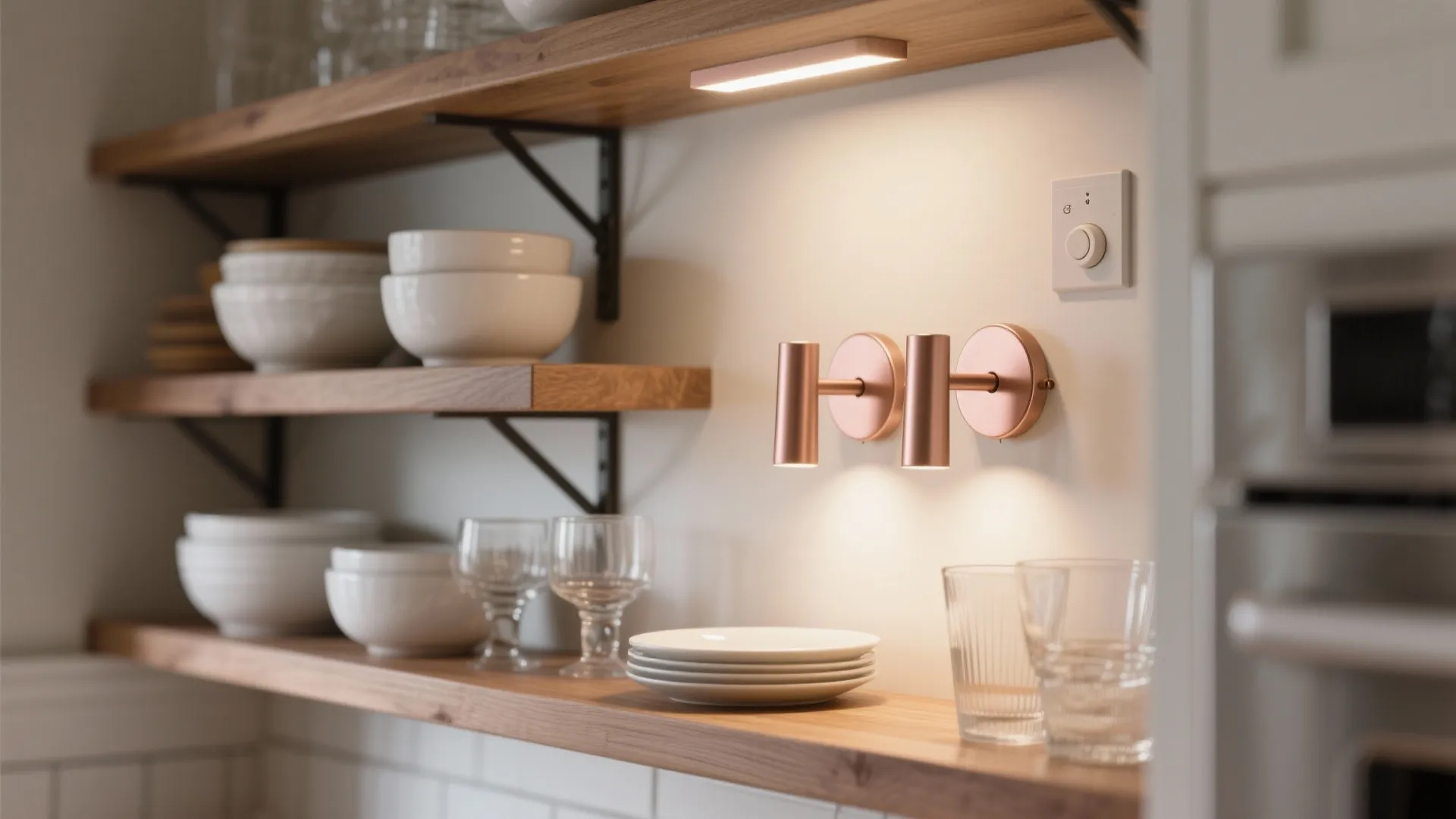 Sconces above open shelving to spotlight daily essentials