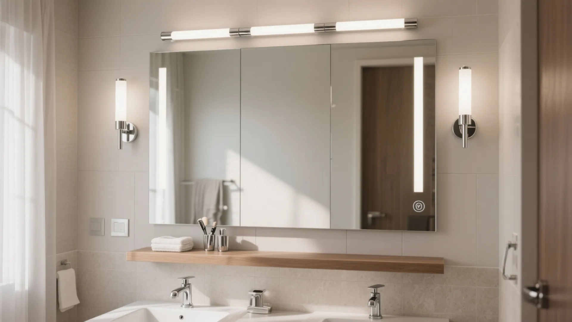 Bathroom wall light fixtures flanking a large mirror with a wooden shelf and double sinks