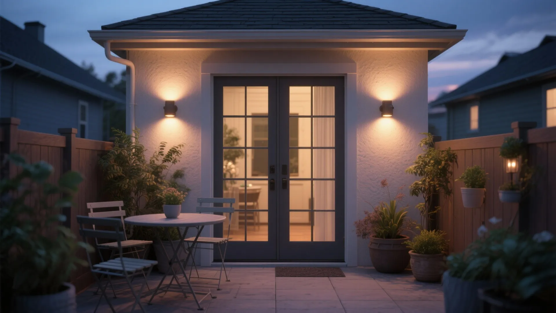Outdoor patio at night with two wall lights beside glass doors table chairs and plants