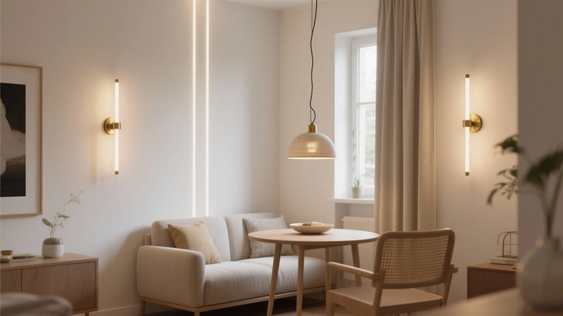 Modern small dining area with white sofa wooden table wall lights and a ceiling light