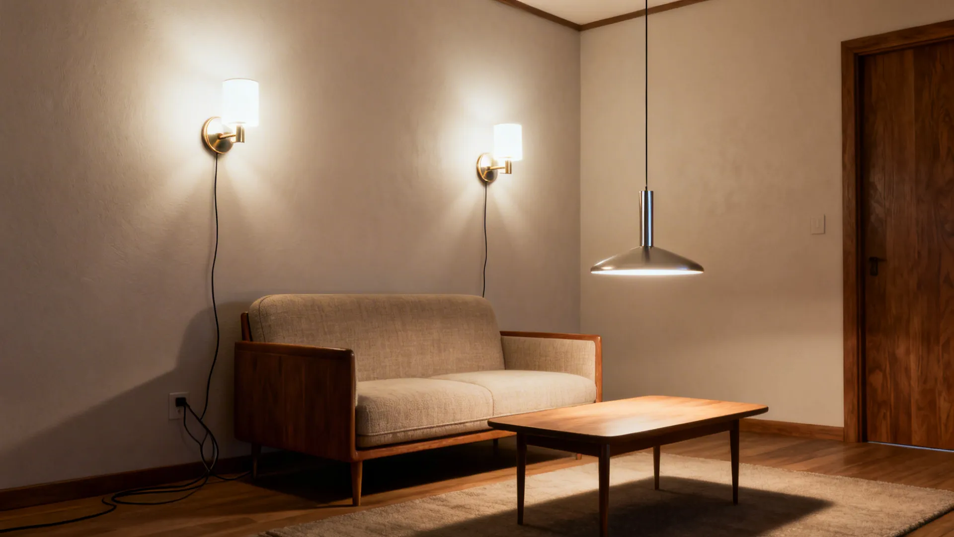 Mid-century living room lit by wall sconces and a slim pendant creating layered warm light
