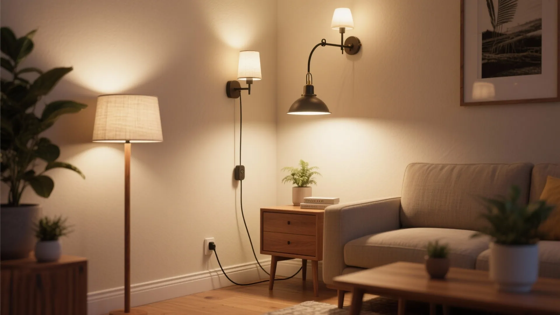Cozy living room corner with beige sofa small wooden cabinet floor lamp and two wall lights