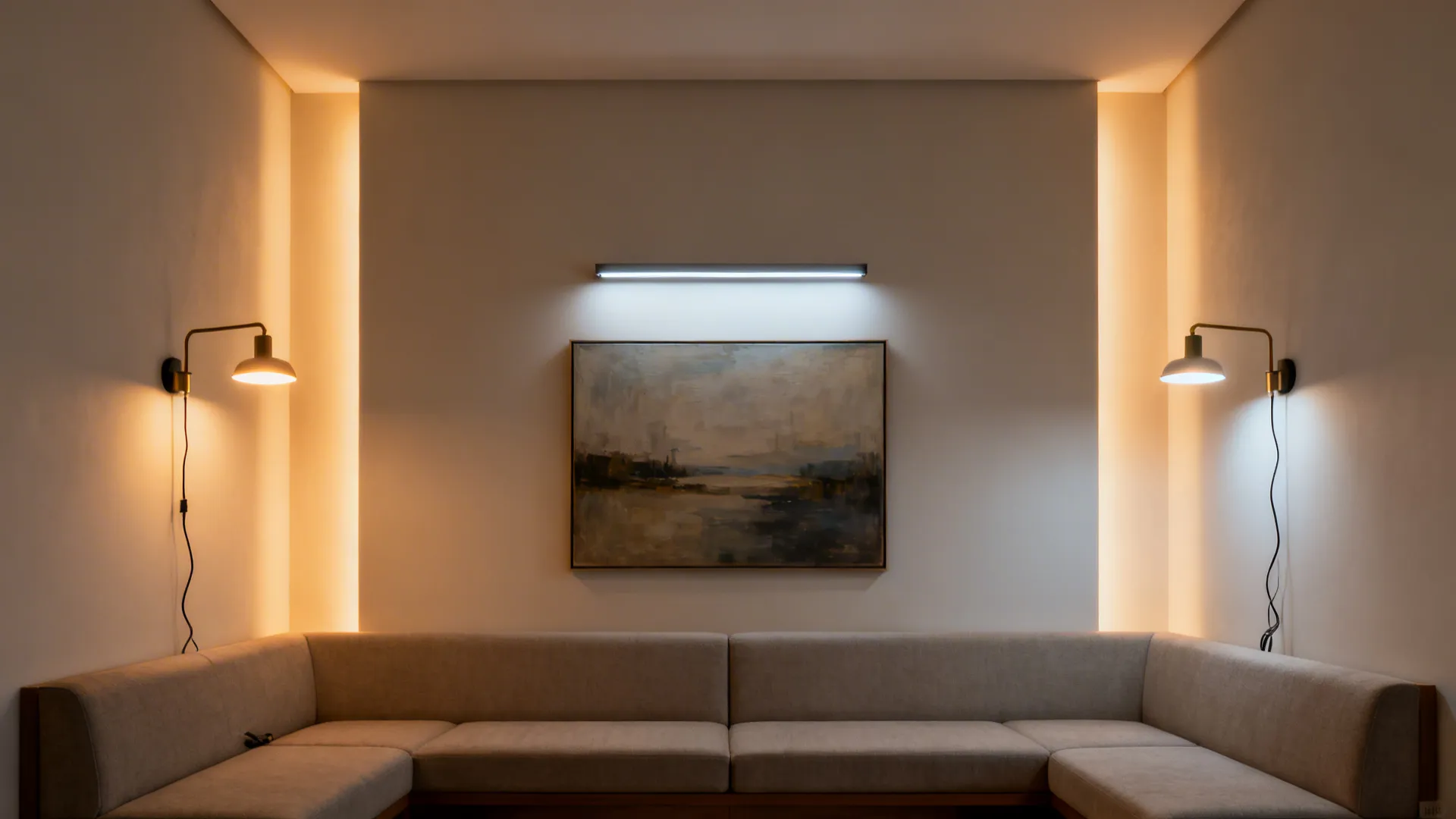 Plug-in swing-arm sconces and a slim picture light add vertical illumination in a rental.
