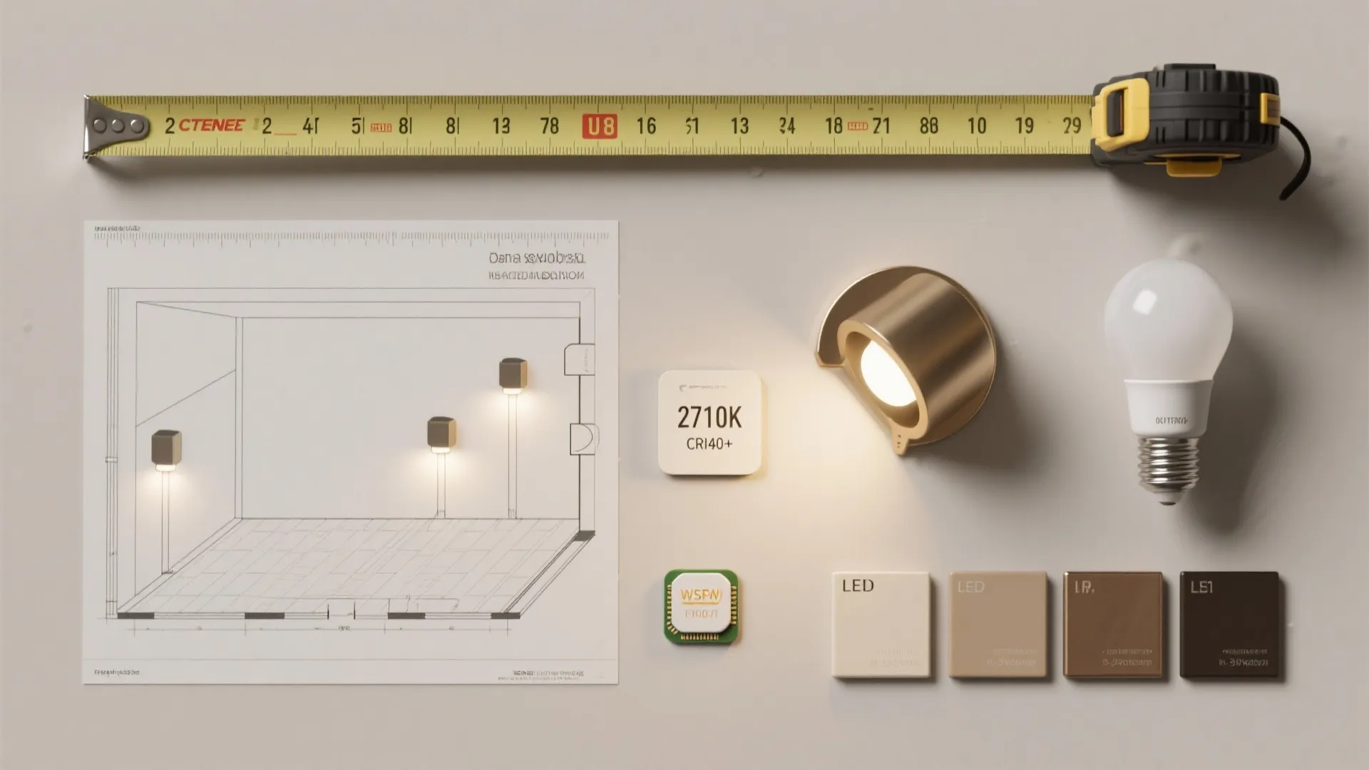 Interior design drawing with measuring tape light bulb small light fixture and color material samples
