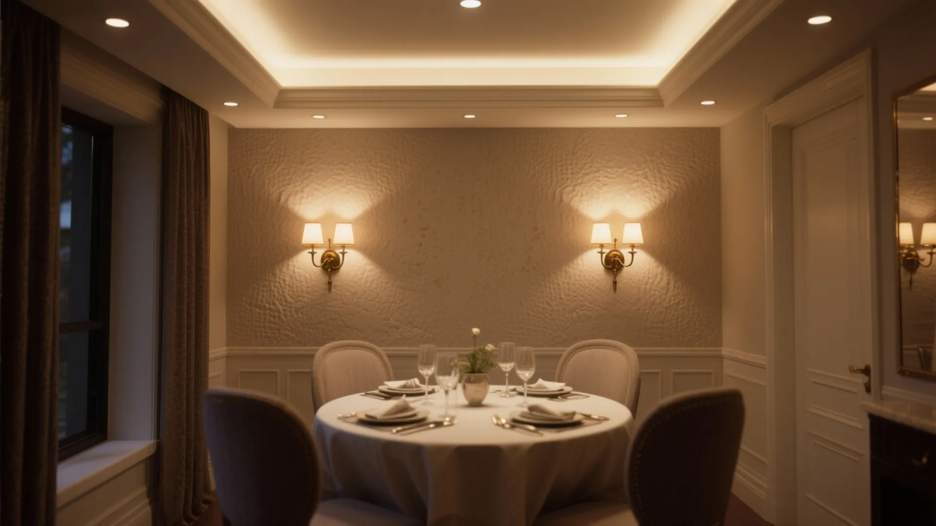 Dining room lit by wall sconces and recessed lights, creating an intimate tall-room effect.